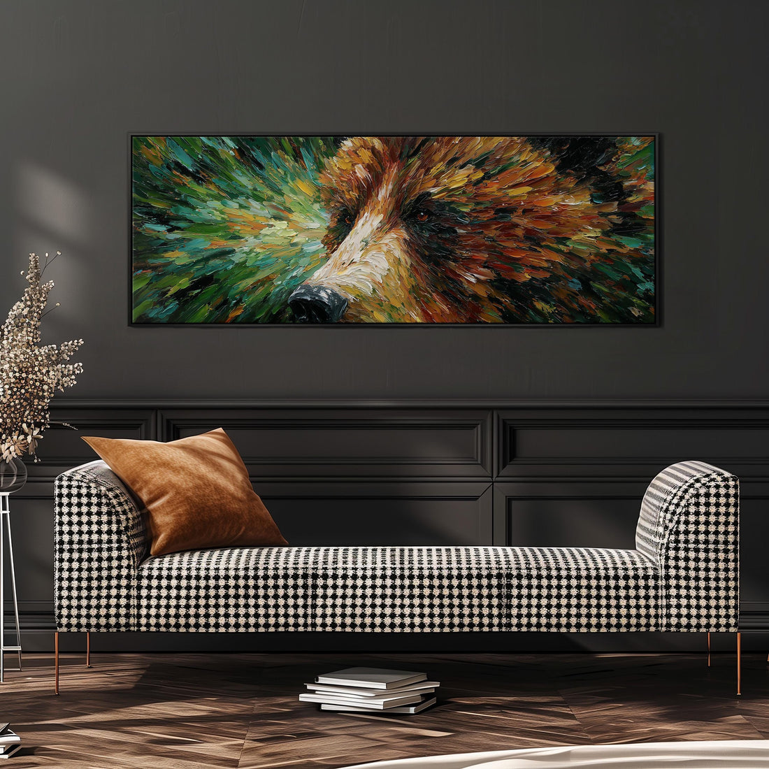 a large, colorful painting of a bear's face hanging on a wall above a black and white checkered sofa.
