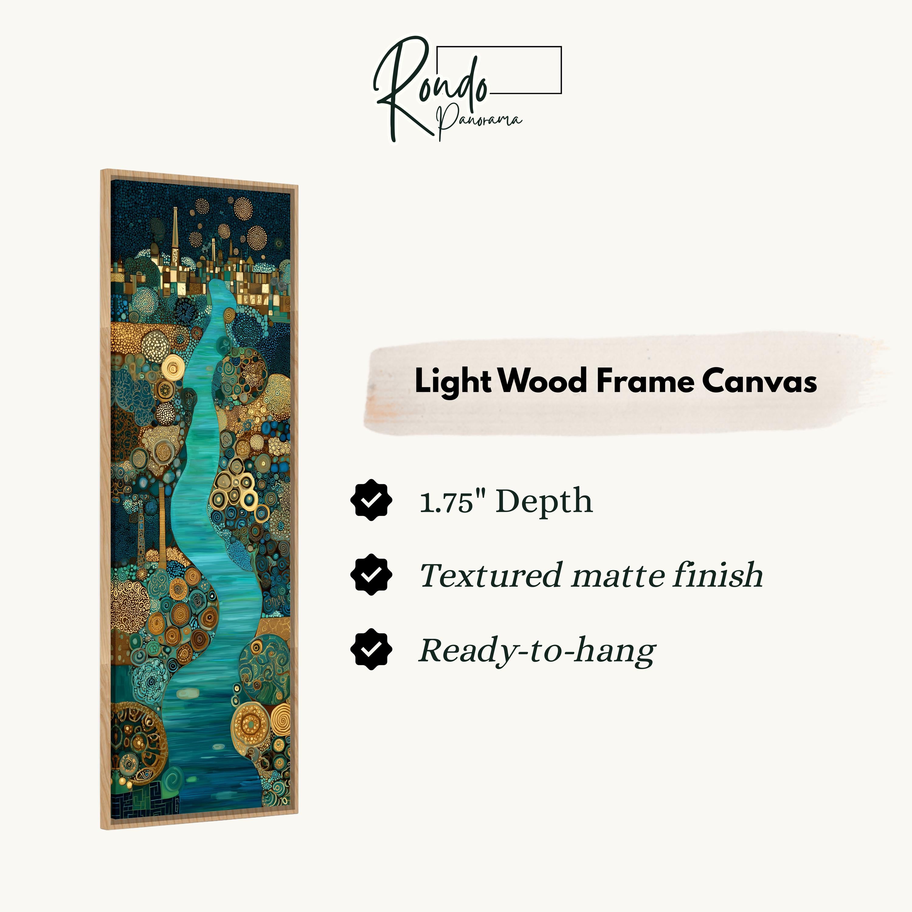 The image is a light wood frame canvas featuring an abstract art piece with a river and various elements in shades of blue, green, and gold.