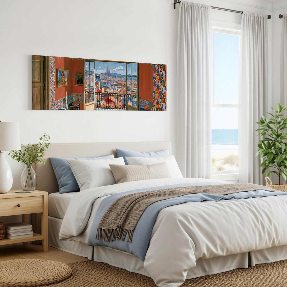 Barcelona seen through an open window panoramic canvas print above a bed in a coastal bedroom