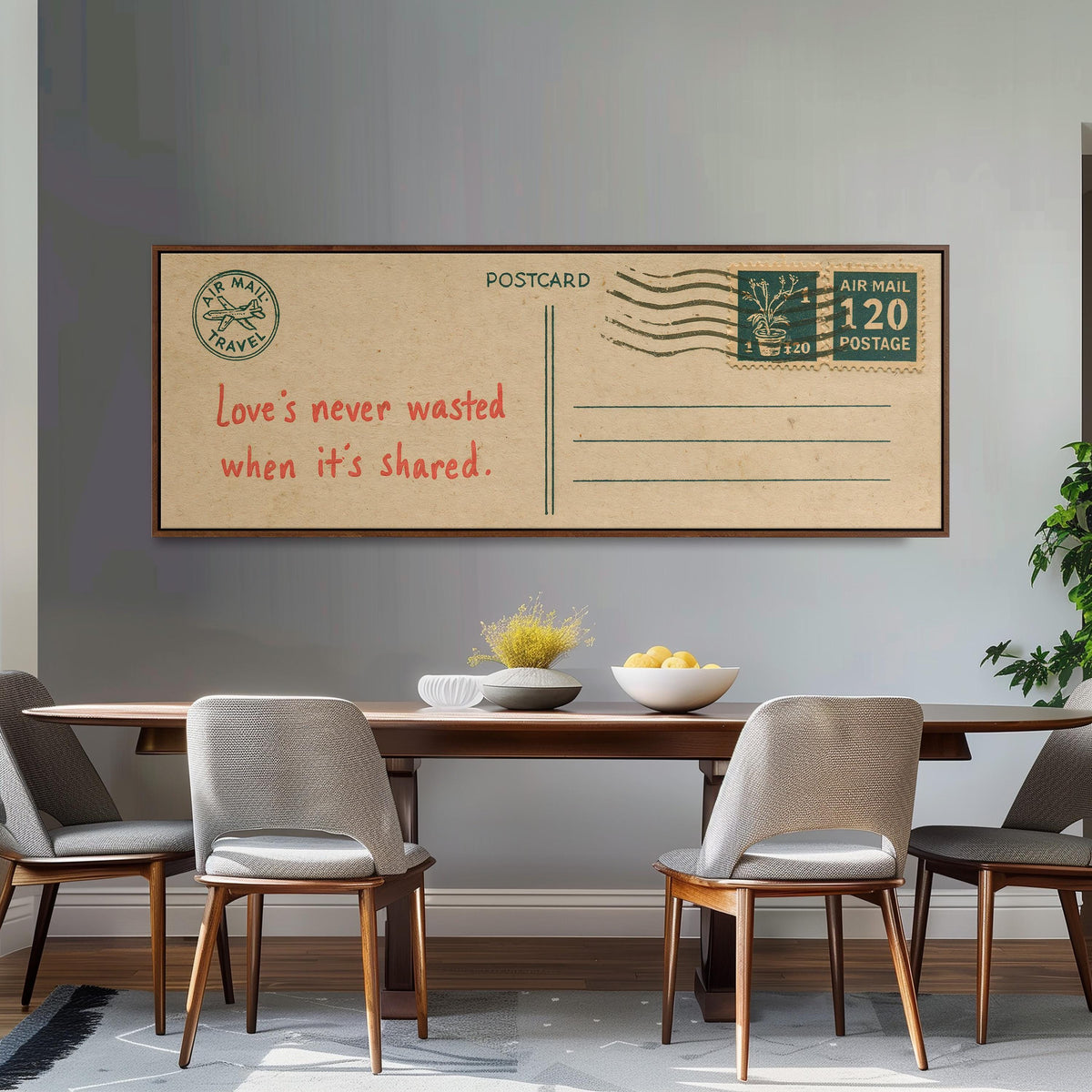 Vintage postcard with a love quote long horizontal canvas print above a dining table