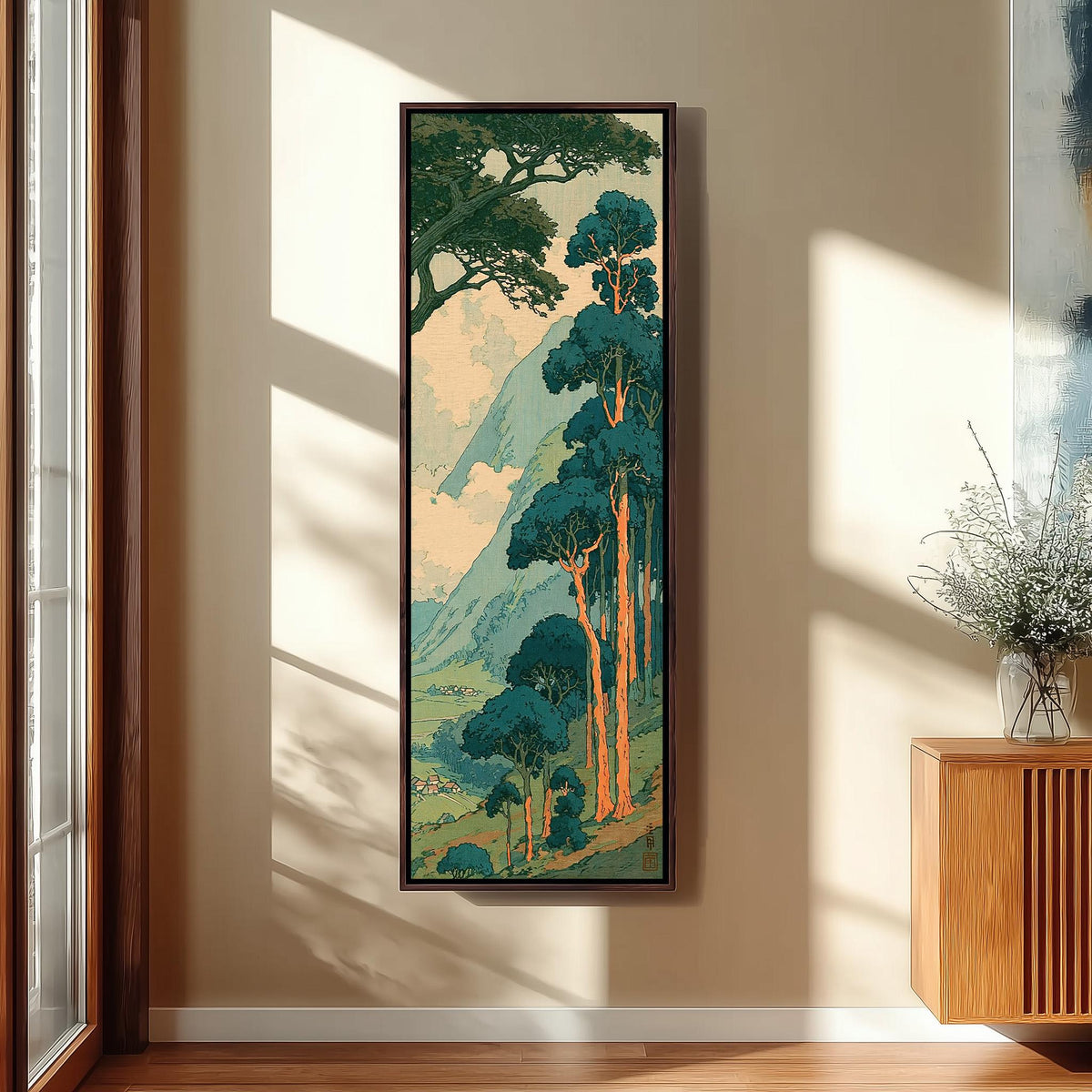 Pine trees above a misty valley in a woodblock style long vertical canvas print in a sunlit living space