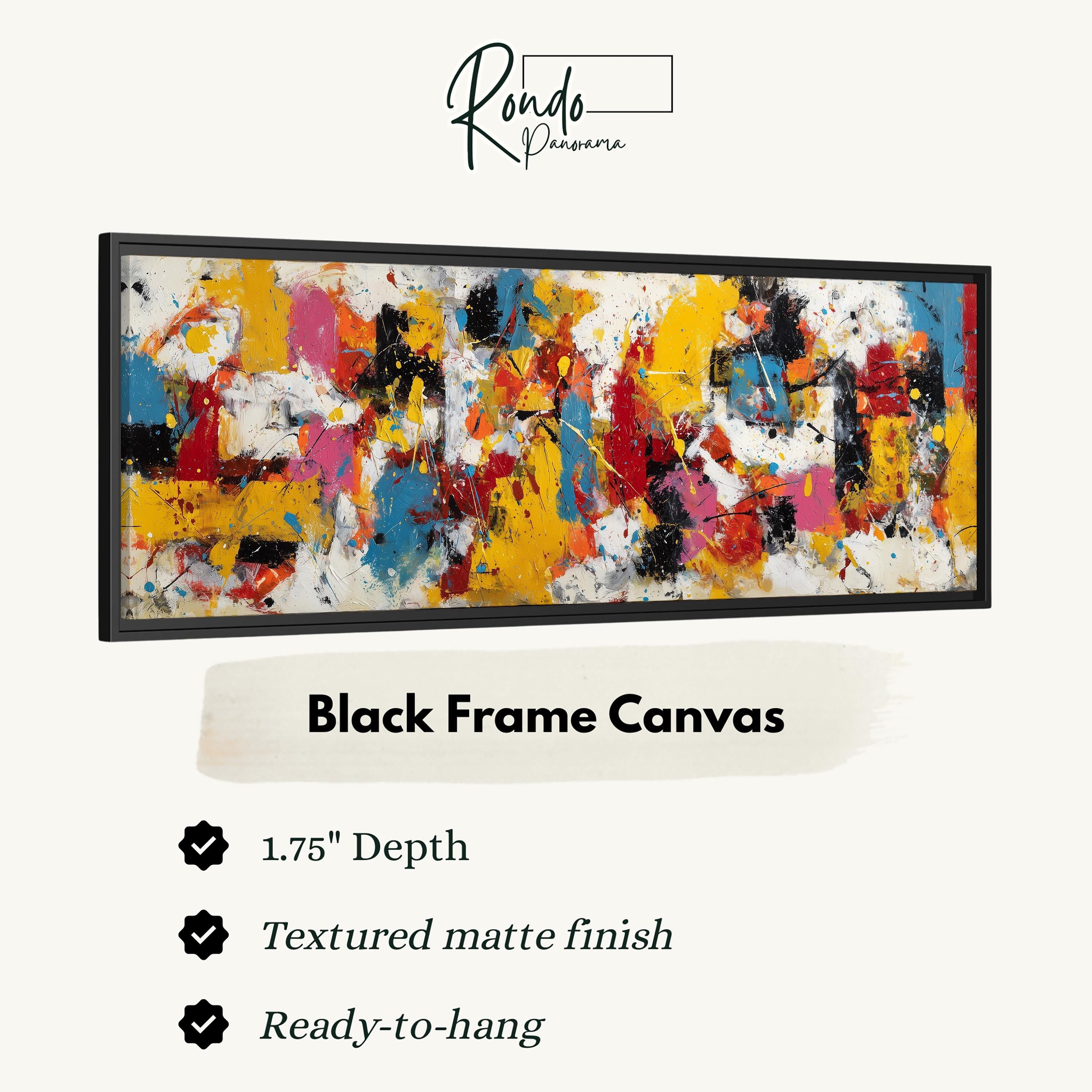 The image is a black frame canvas with a textured matte finish, measuring 1.75" in depth. It is ready to hang and has a textured matte finish.