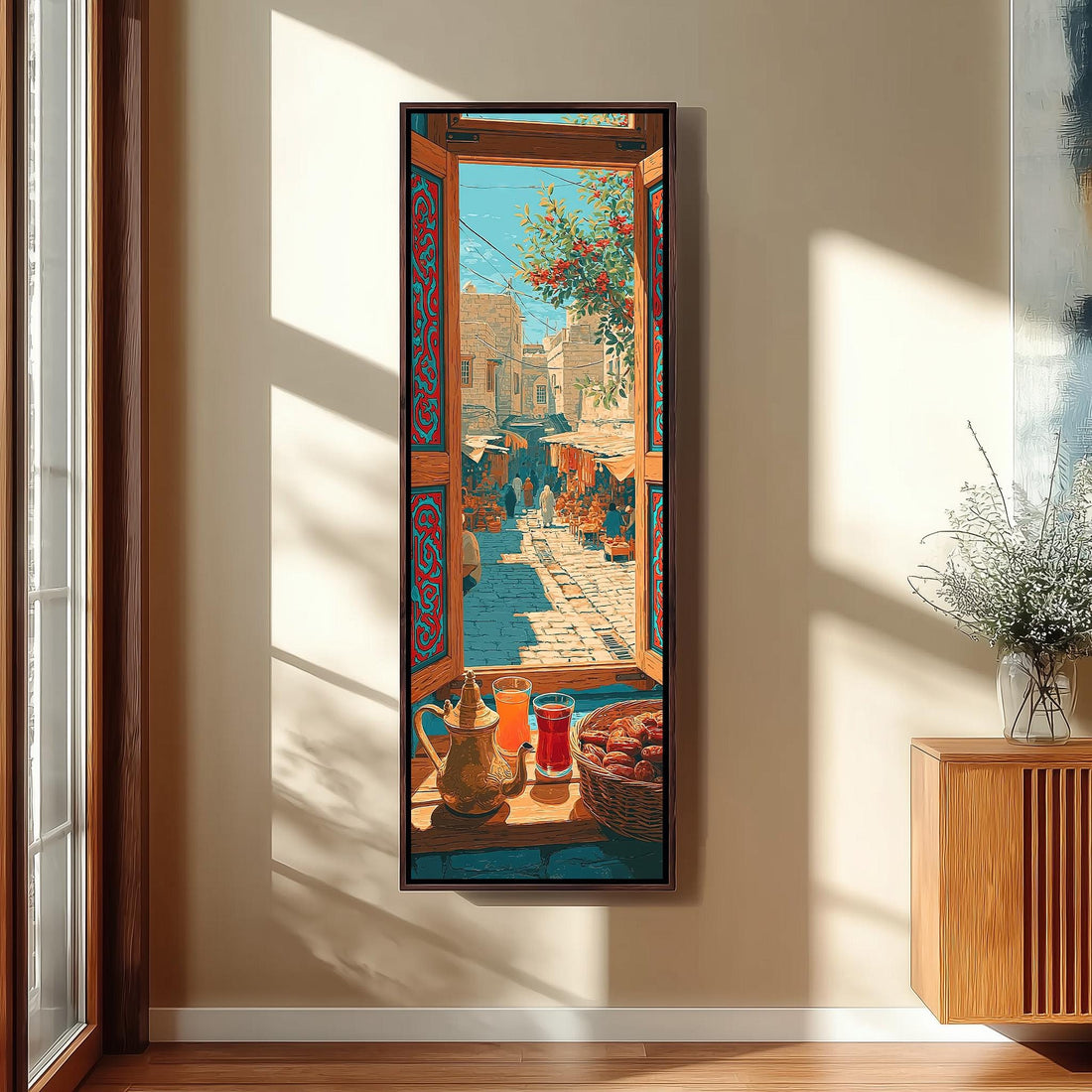 Moroccan market street seen from a window with tea long vertical canvas print in a sunlit living space