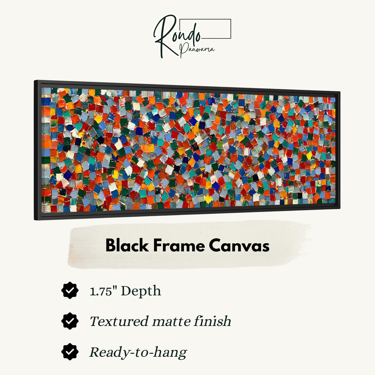 Colorful confetti mosaic squares canvas print in a black floating frame