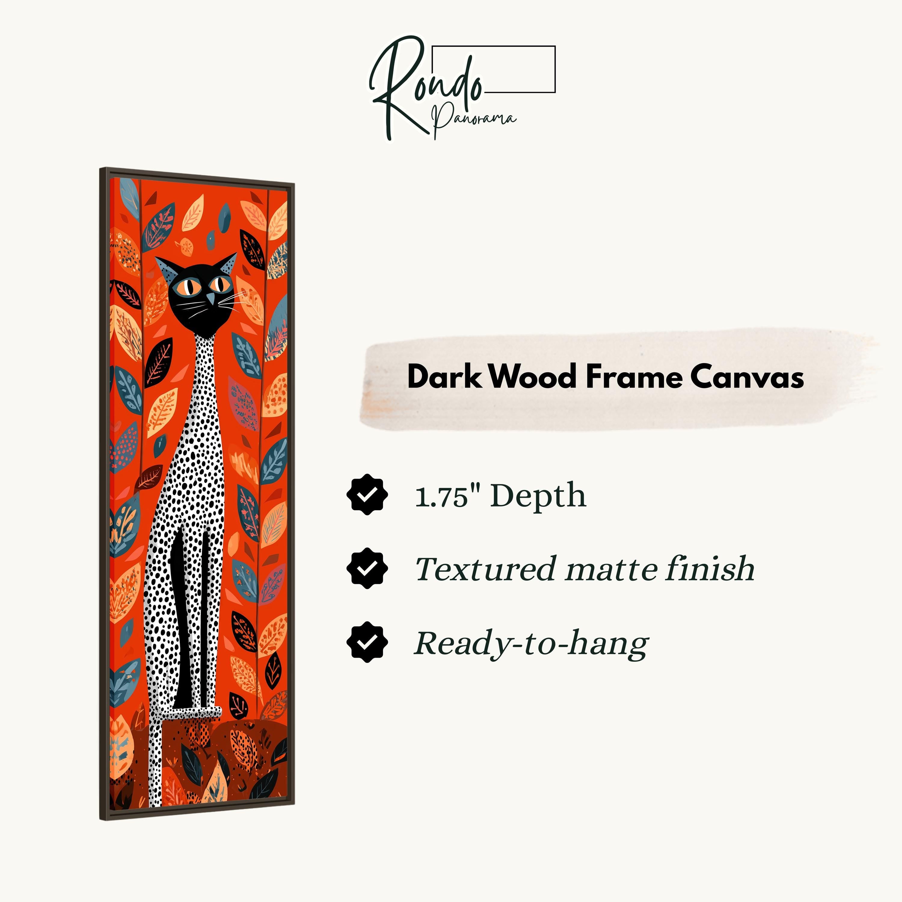 The image is a dark wood frame canvas featuring a cat with a leafy background.