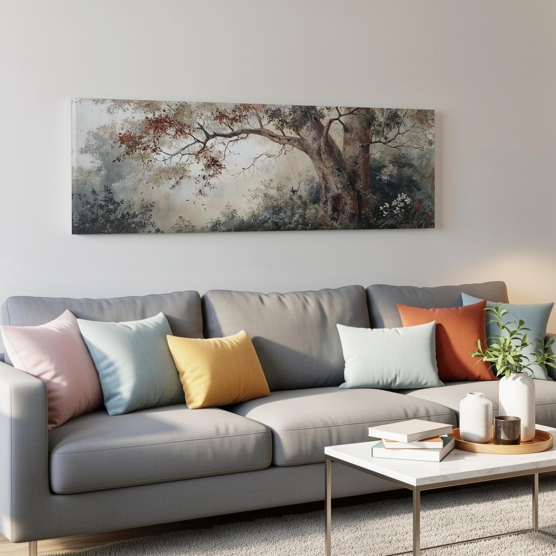 a gray couch with colorful throw pillows, a coffee table, and a large landscape painting hanging on the wall above the couch.