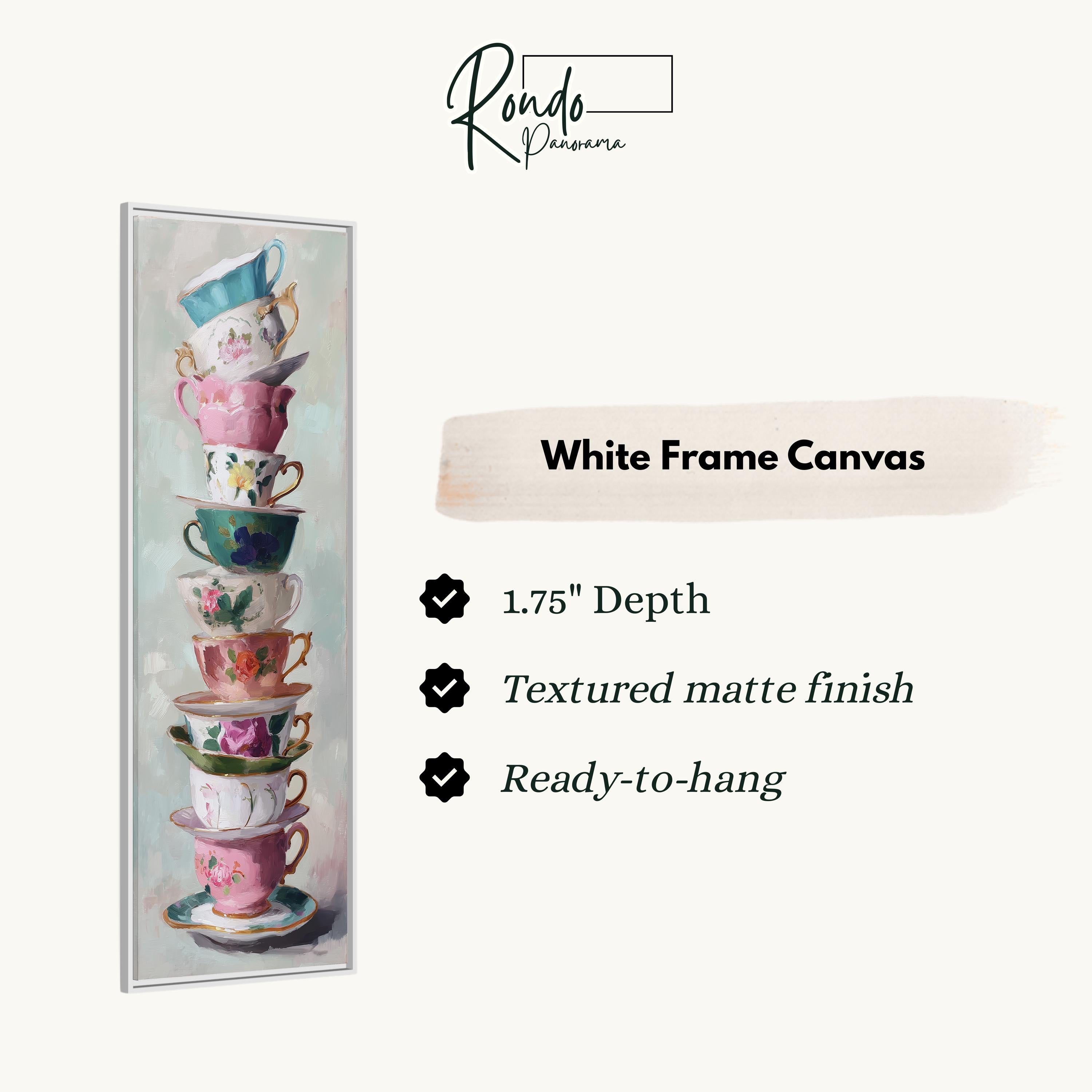 a white frame canvas with a stack of colorful teacups on top of it.