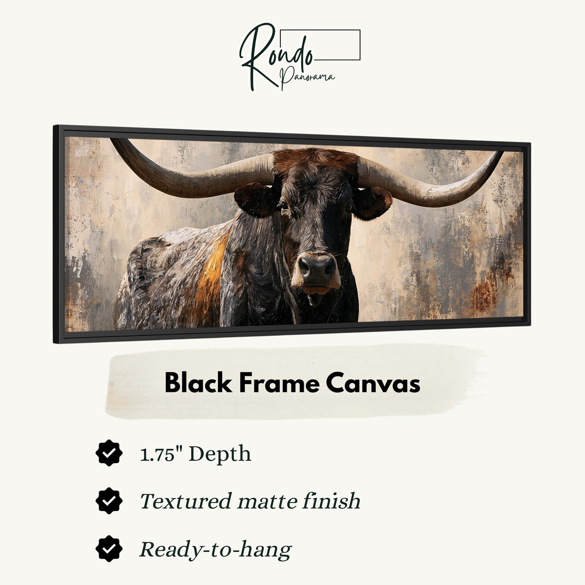 Longhorn bull portrait canvas print in a black floating frame