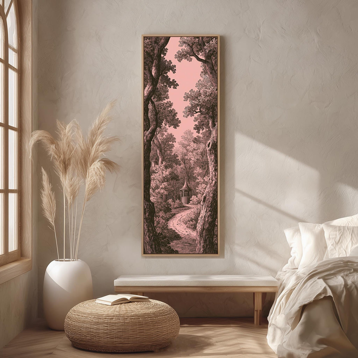 Vintage engraving of a garden path in pink long vertical canvas print in a bright reading corner