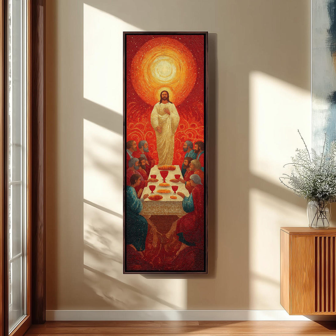 a large, colorful painting of Jesus Christ surrounded by a group of people, with a table of offerings in the center. The painting is hanging on a wall in a hallway, with a staircase visible in the background.