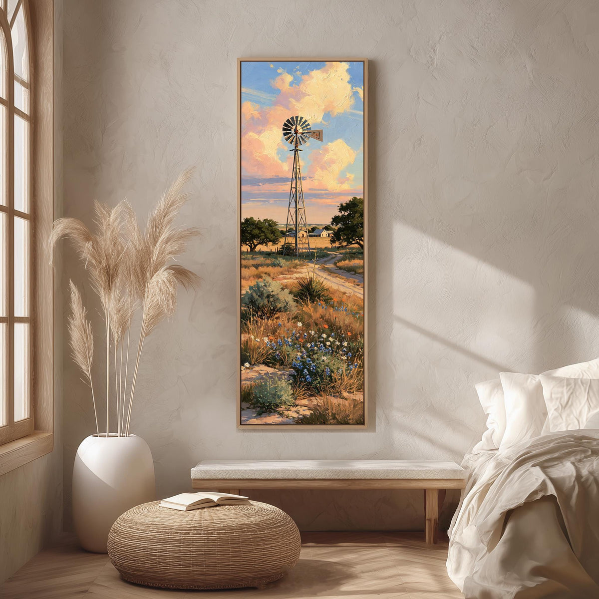 Ranch windmill above bluebonnets at sunset long vertical canvas print in a bright reading corner