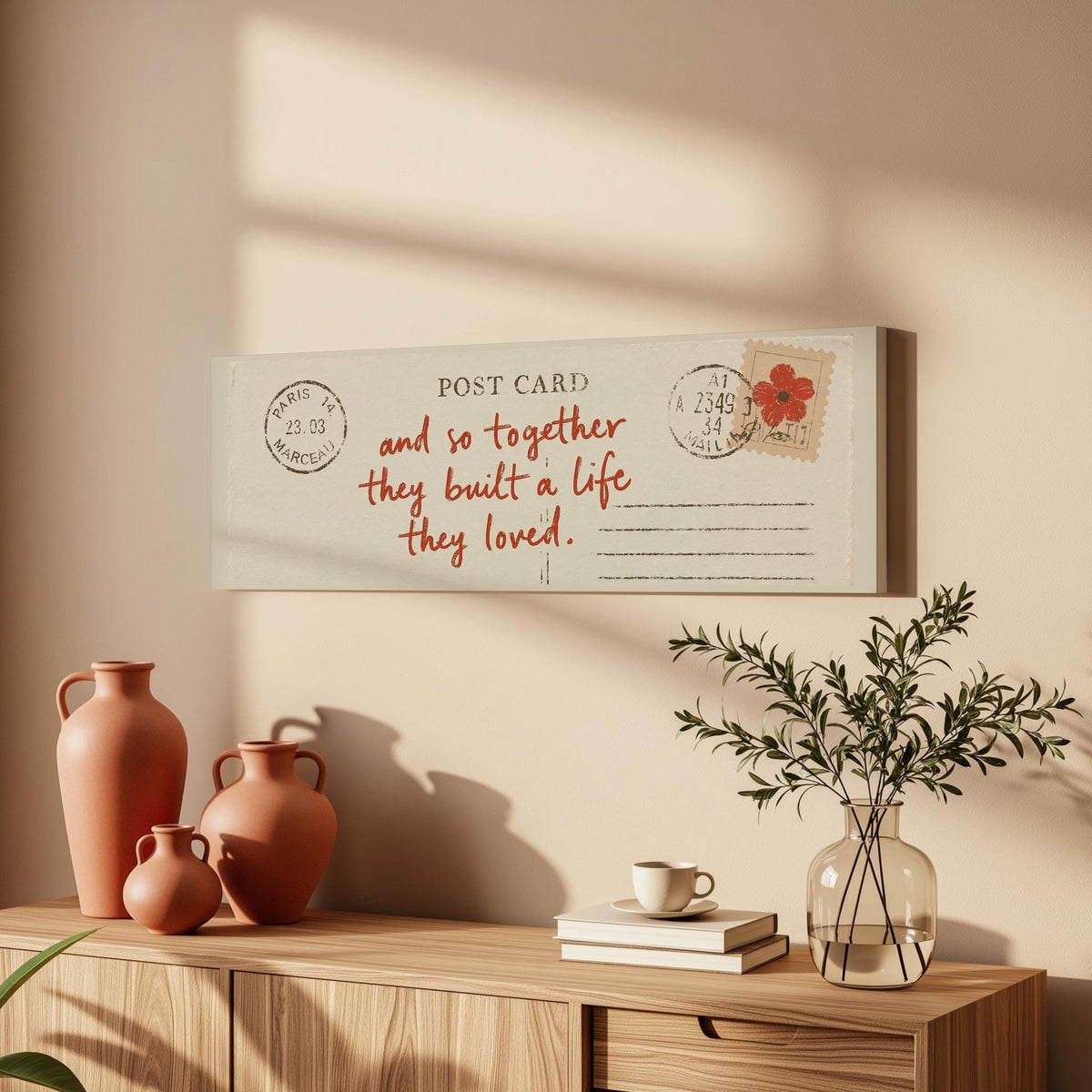 Paris postcard saying and so together they built a life they loved long horizontal canvas print above a sofa in a living room