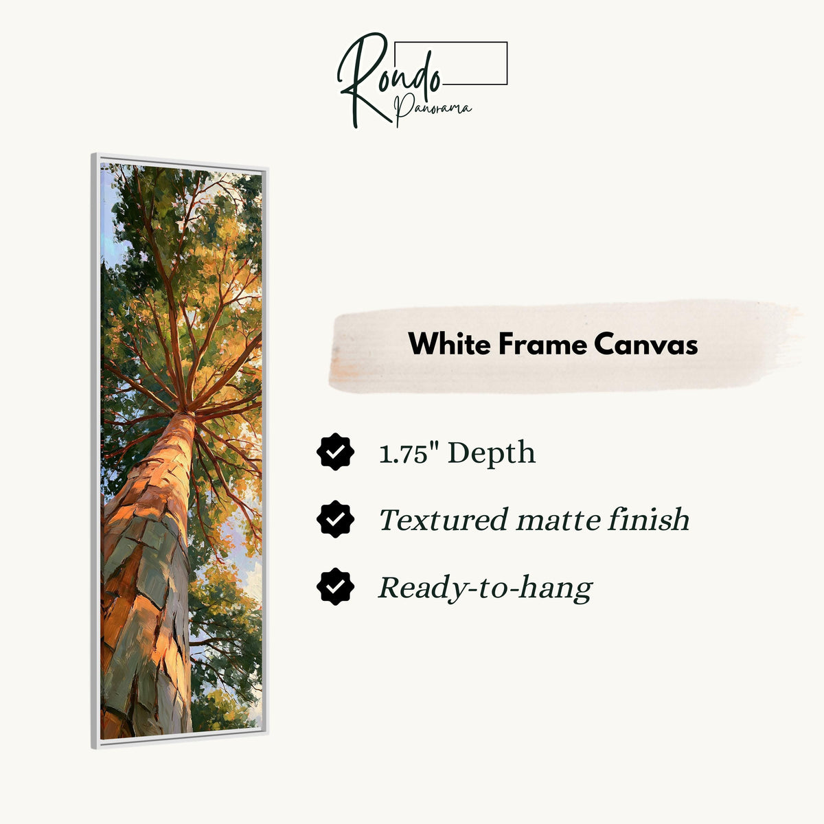 Sunlit pine trunk rising into a green and gold canopy canvas print in a white floating frame