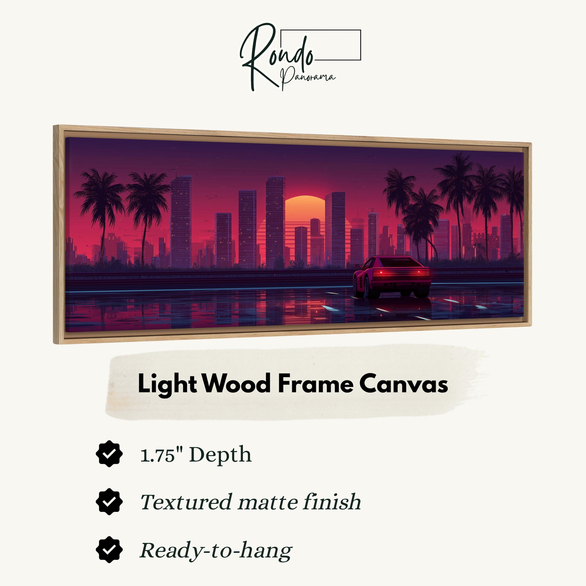 The image is a framed canvas depicting a cityscape at sunset with palm trees and a car driving on the road.