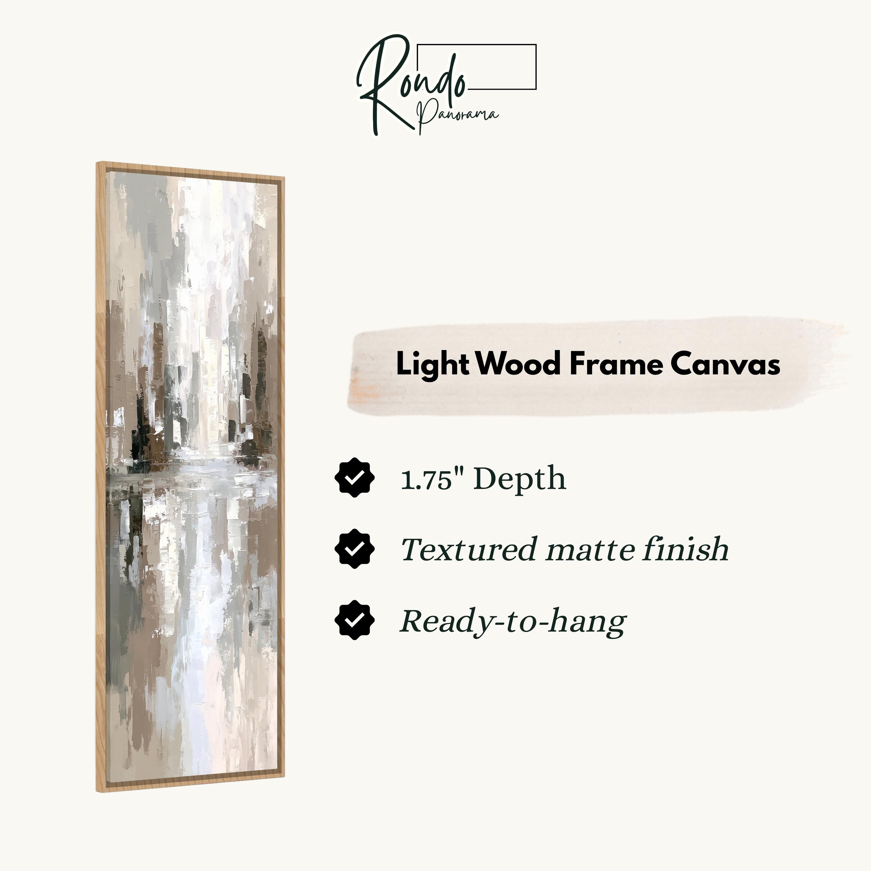 The image is a product advertisement for a light wood frame canvas. It features a painting of a cityscape with a textured finish and a 1.75" depth. The product is described as a "Ready-to-hang" and has a "Textured matte finish".