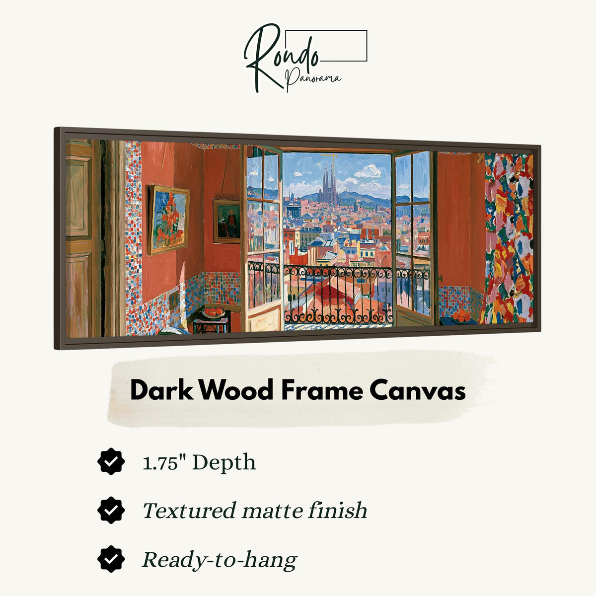 Barcelona seen through an open window canvas print in a dark wood floating frame