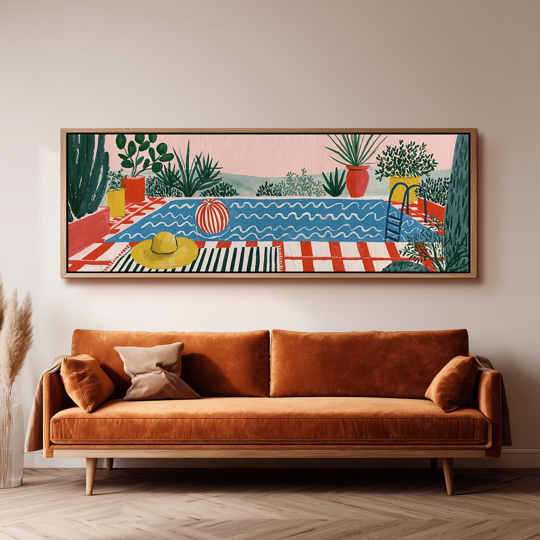 Colorful poolside courtyard long horizontal canvas print above a sofa in a living room