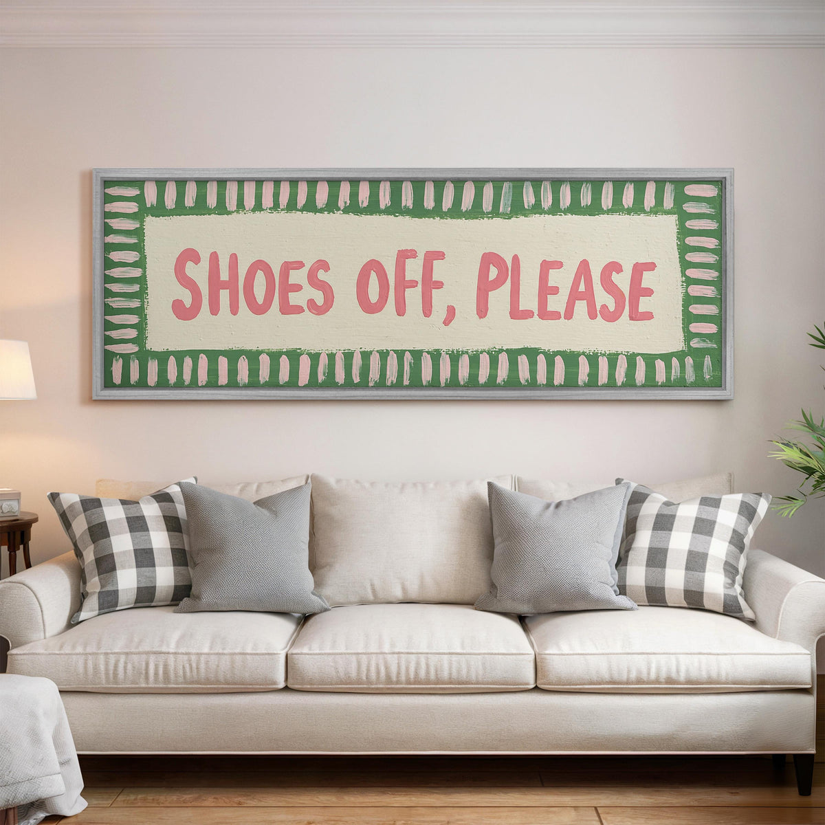 Shoes off, please sign wide panoramic canvas print above a bed in a bedroom