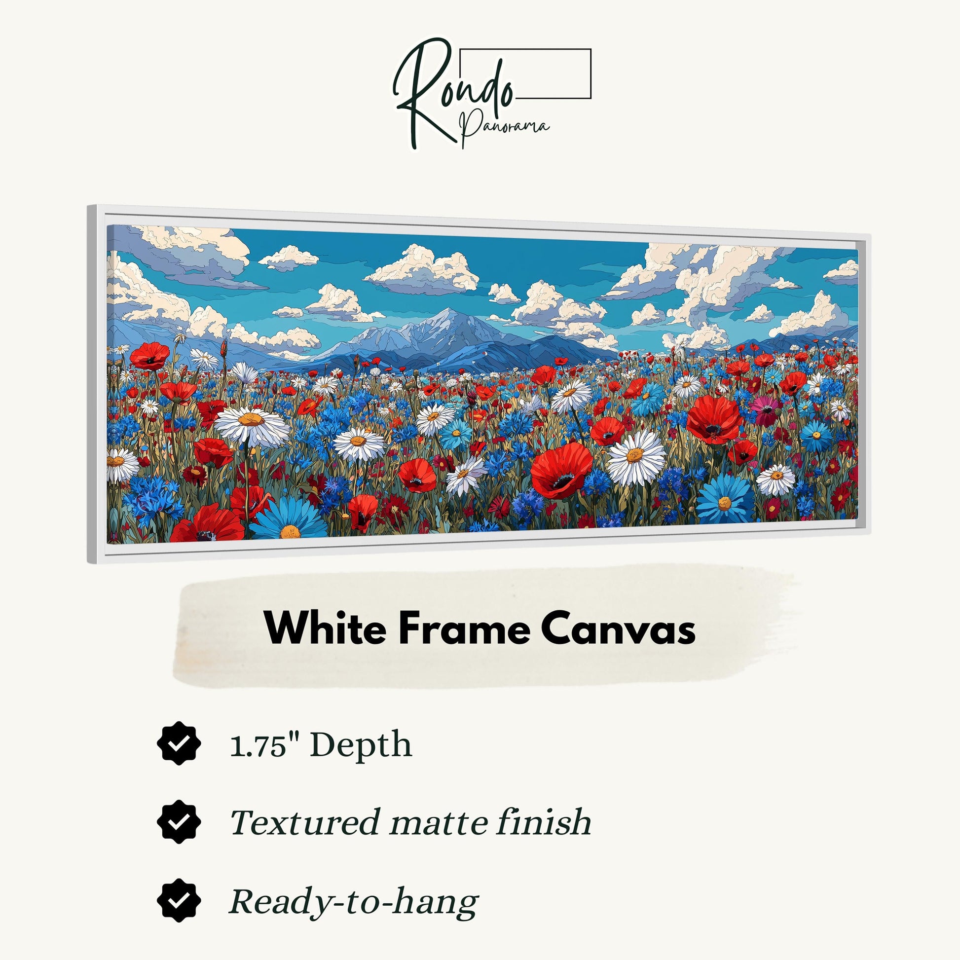A white frame canvas depicting a vibrant field of flowers with mountains in the background.