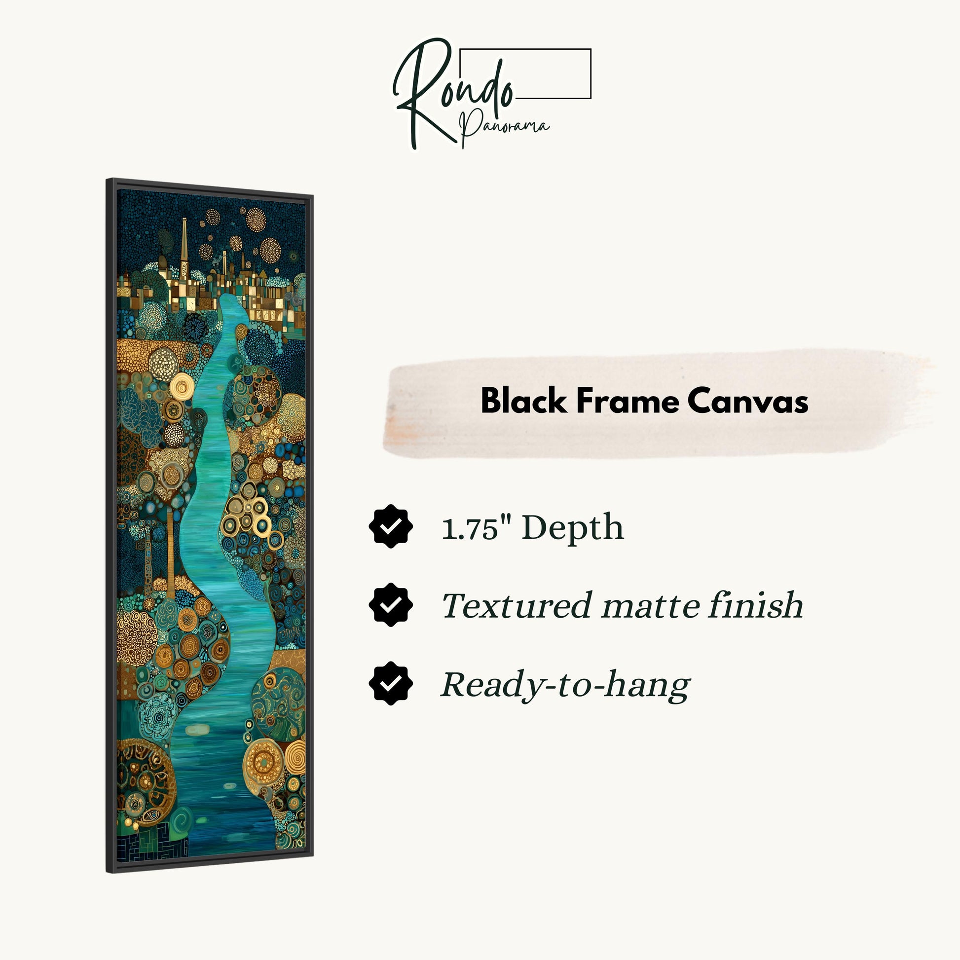 The image is a black frame canvas with a detailed and intricate design featuring a river, buildings, and various other elements in shades of blue, green, and gold.