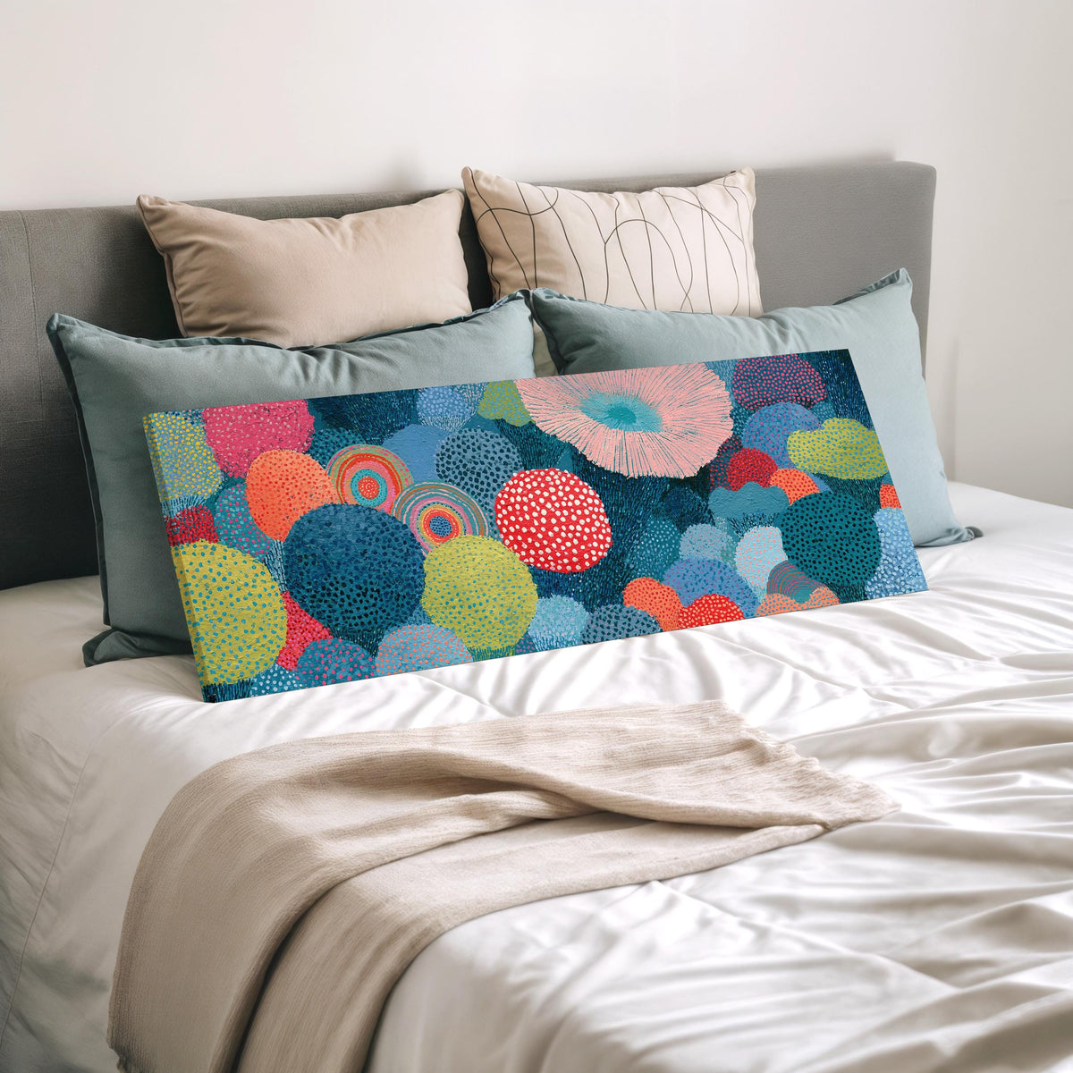 Coral spirals and dotted circles wide panoramic canvas print laid on a bed to show its size