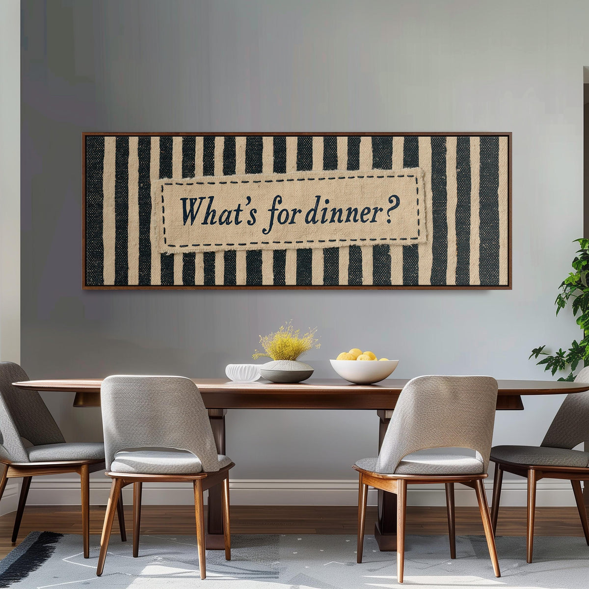 What's for dinner sign on black stripes long horizontal canvas print above a sofa in a living room
