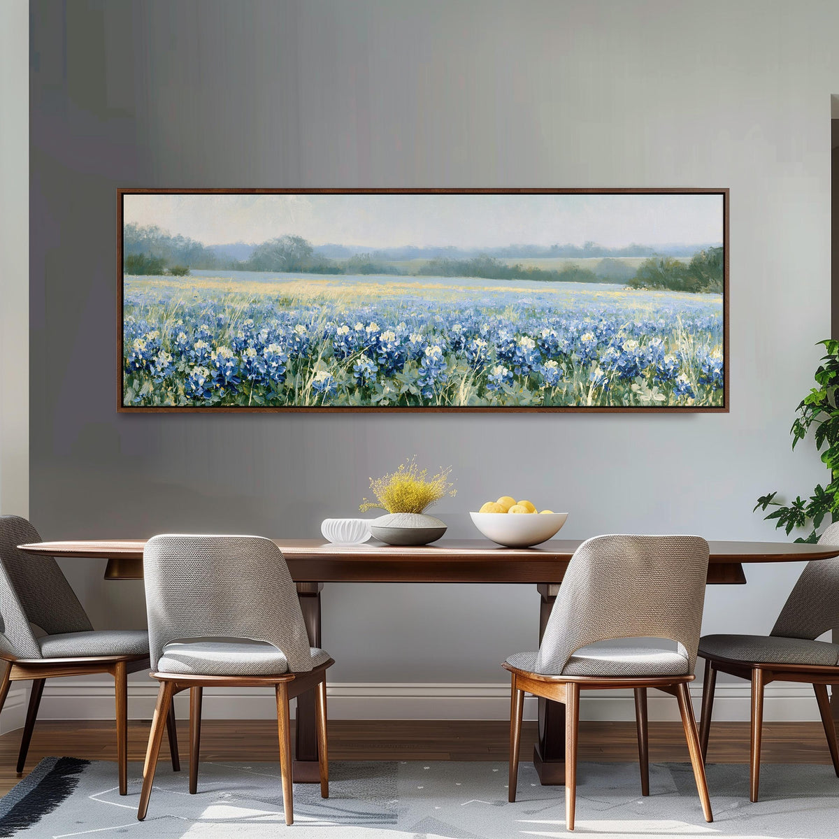 Field of bluebonnets long horizontal canvas print above a dining table