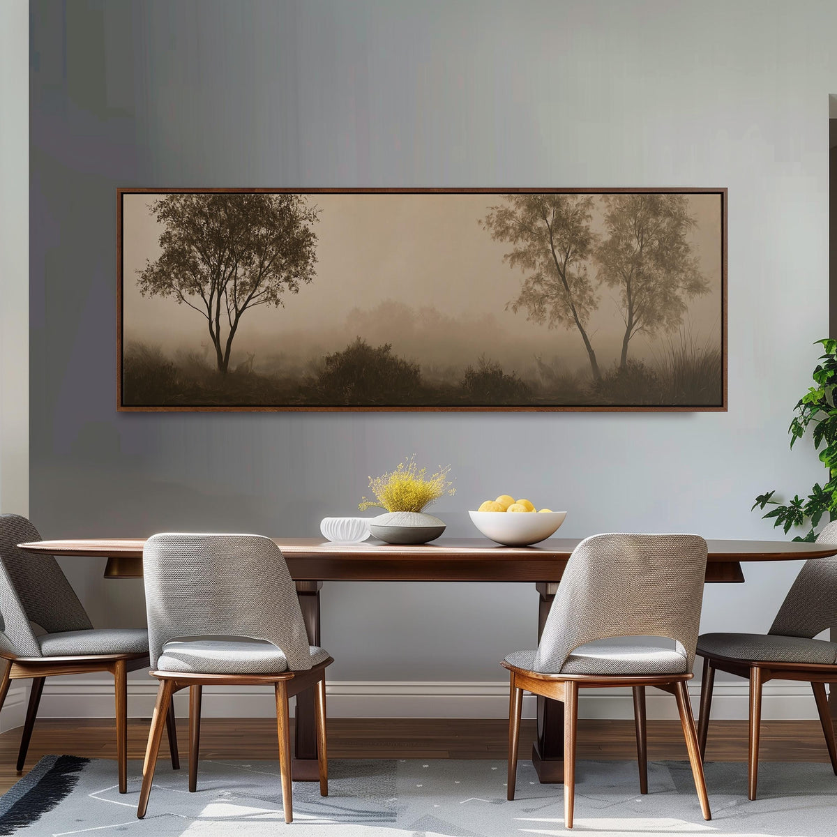 Two trees in sepia fog long horizontal canvas print above a dining table