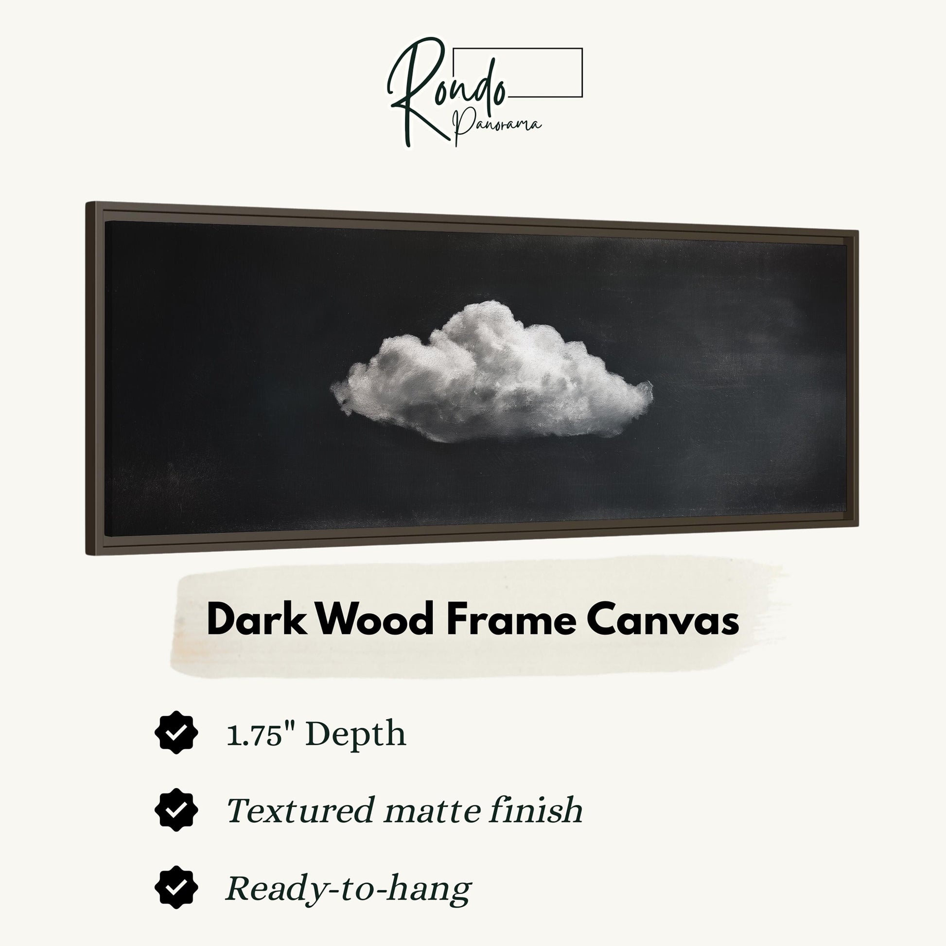 The image is a dark wood frame canvas depicting a single white cloud against a black background.
