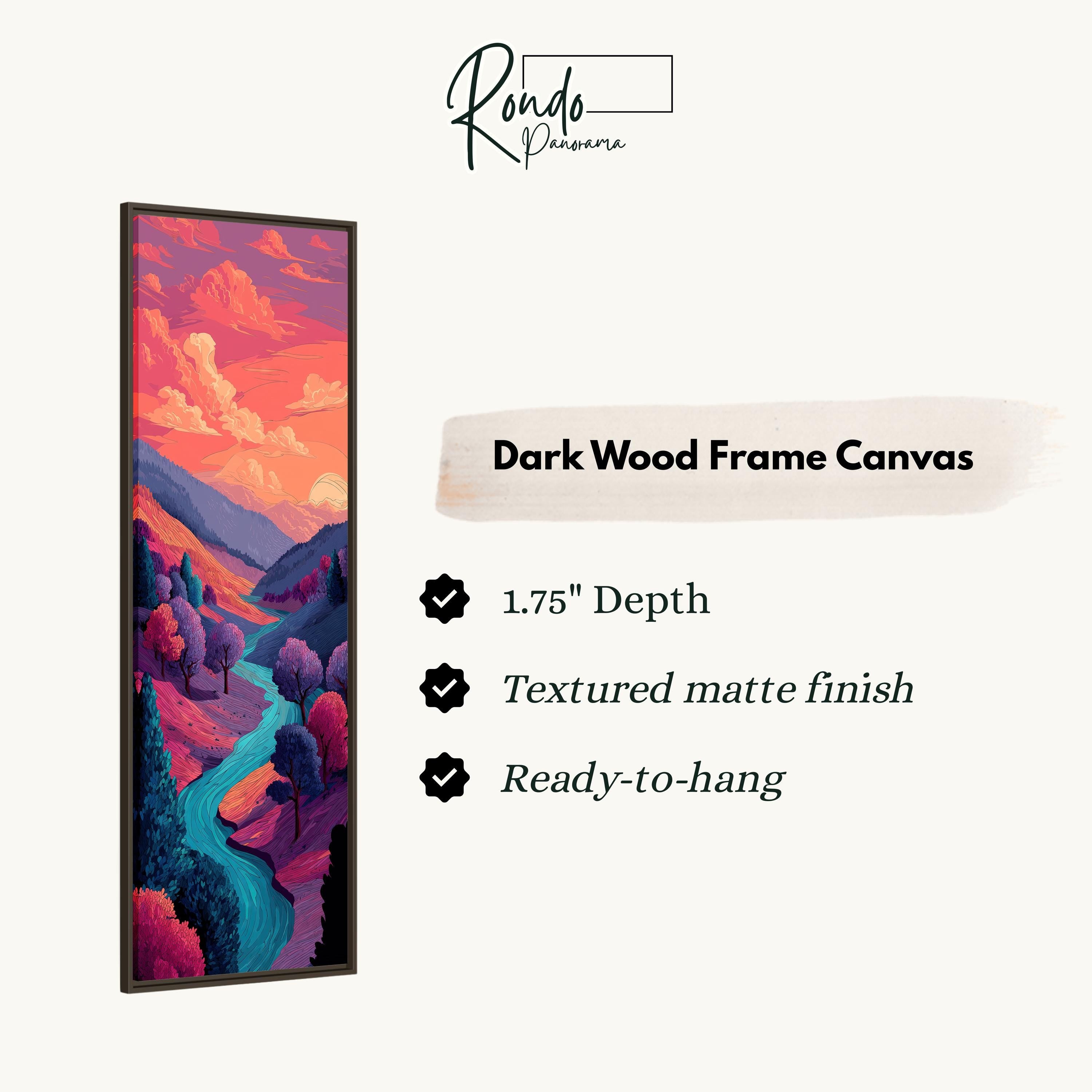 The image is a digital illustration of a landscape with a river, mountains, and trees. The image is a 1.75" deep, textured matte finish, and ready-to-hang dark wood frame canvas.