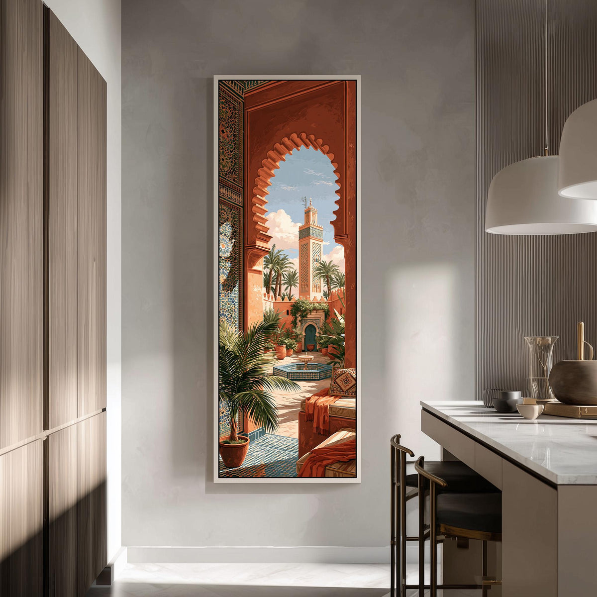 Moroccan courtyard and minaret through a terracotta arch tall skinny canvas print in a modern kitchen