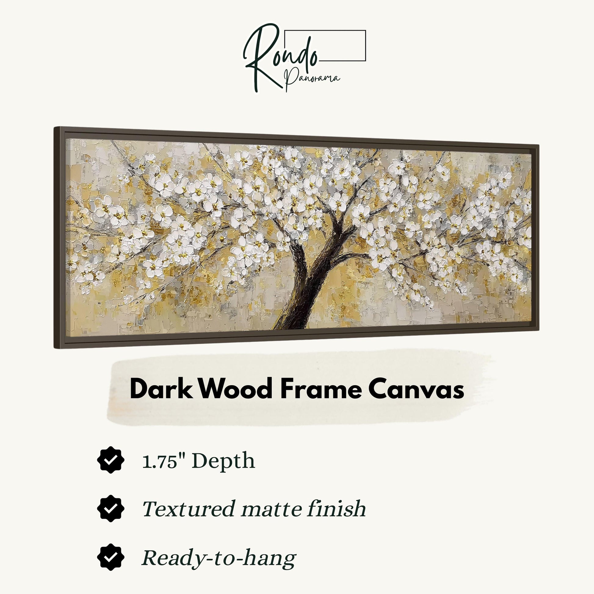 The image is a framed artwork depicting a tree with white flowers.
