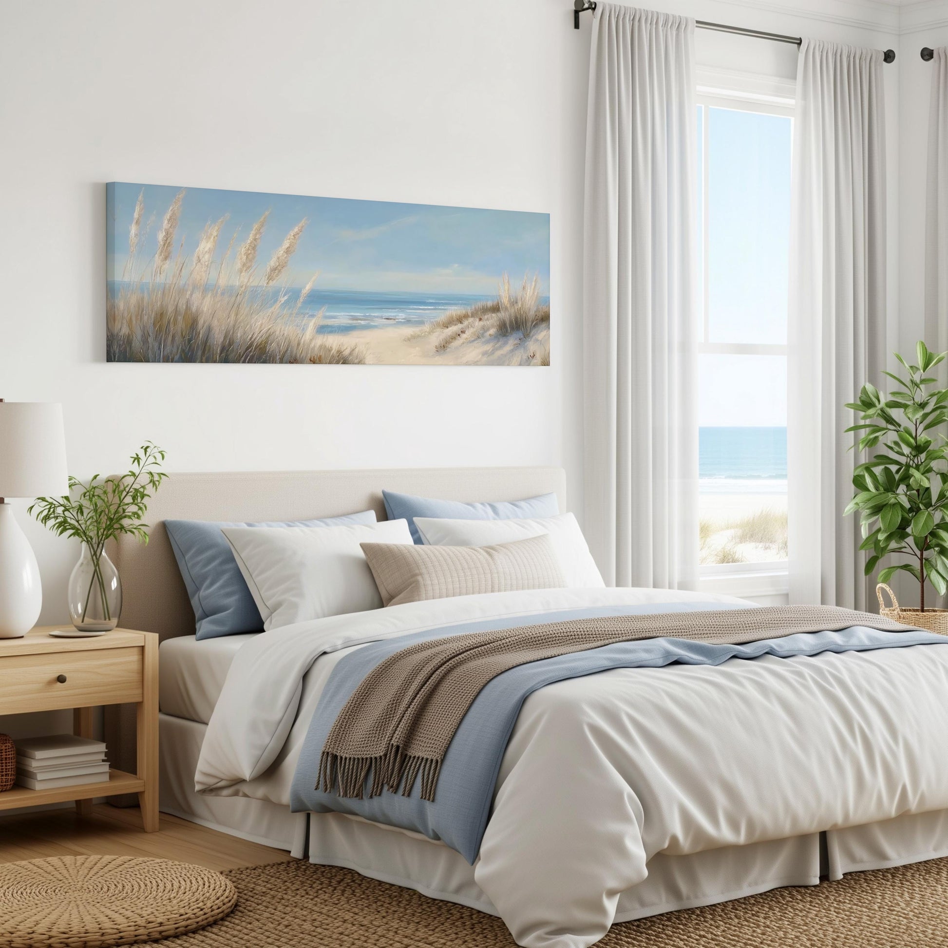 a serene bedroom with a large bed, a nightstand, and a painting of a beach scene on the wall. The room has a calming and peaceful atmosphere, with natural elements like plants and a view of the ocean through the window.