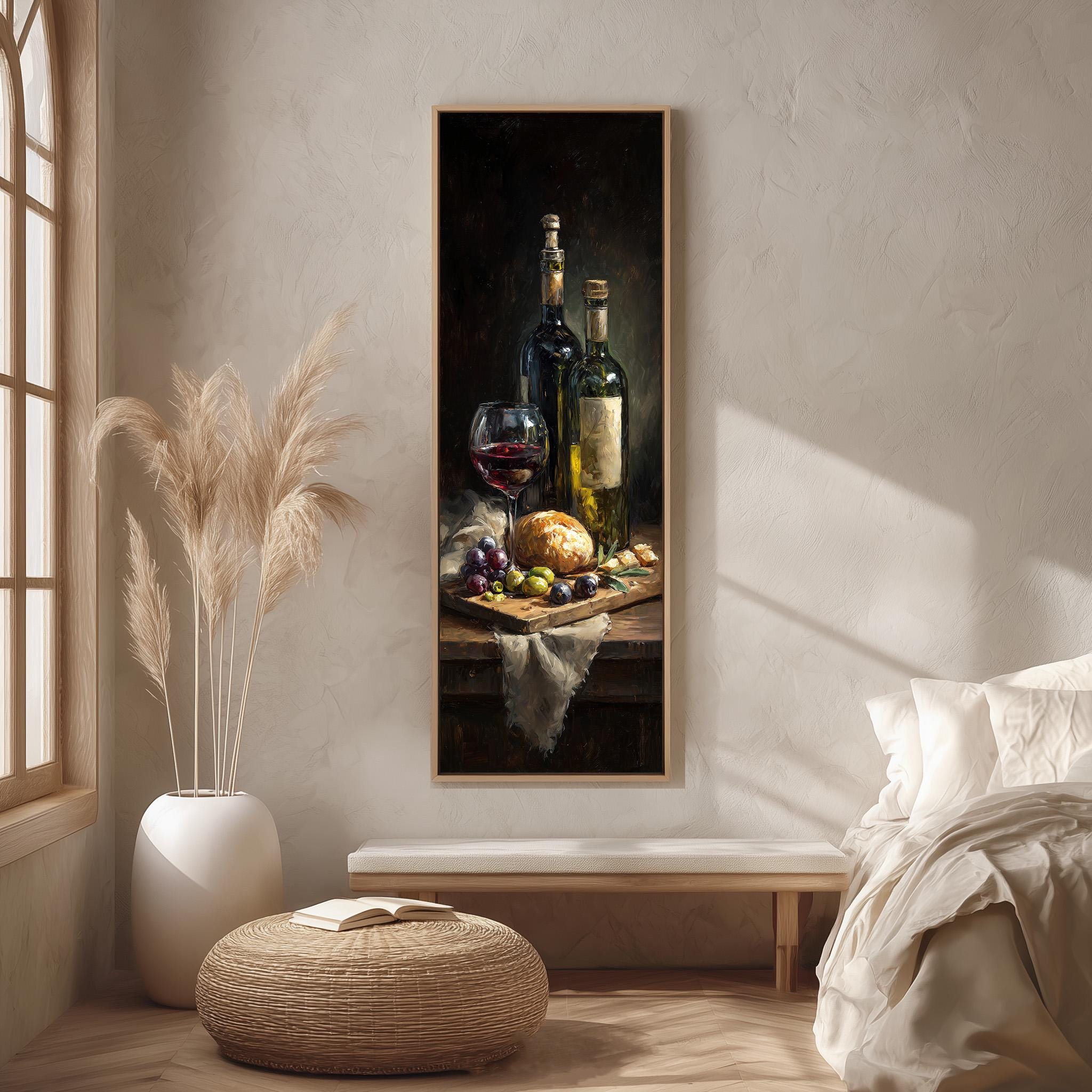 a painting of wine bottles and a glass of wine on a wooden table, with a vase of pampas grass and a book on a bench in the foreground.