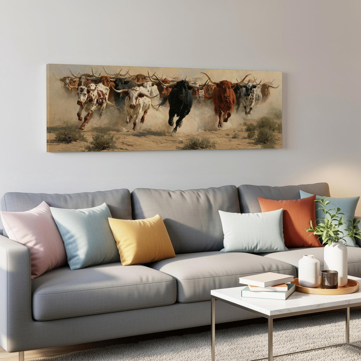 Charging longhorn herd panoramic canvas print above a grey sofa in a living room