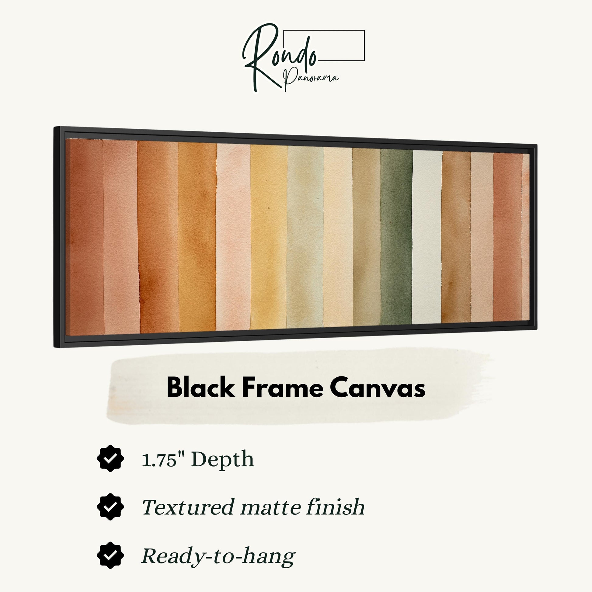 The image is a product advertisement for a black frame canvas. It features a color gradient painting with a range of colors from light to dark, and it is described as a 1.75" depth canvas with a textured matte finish and a ready-to-hang feature.