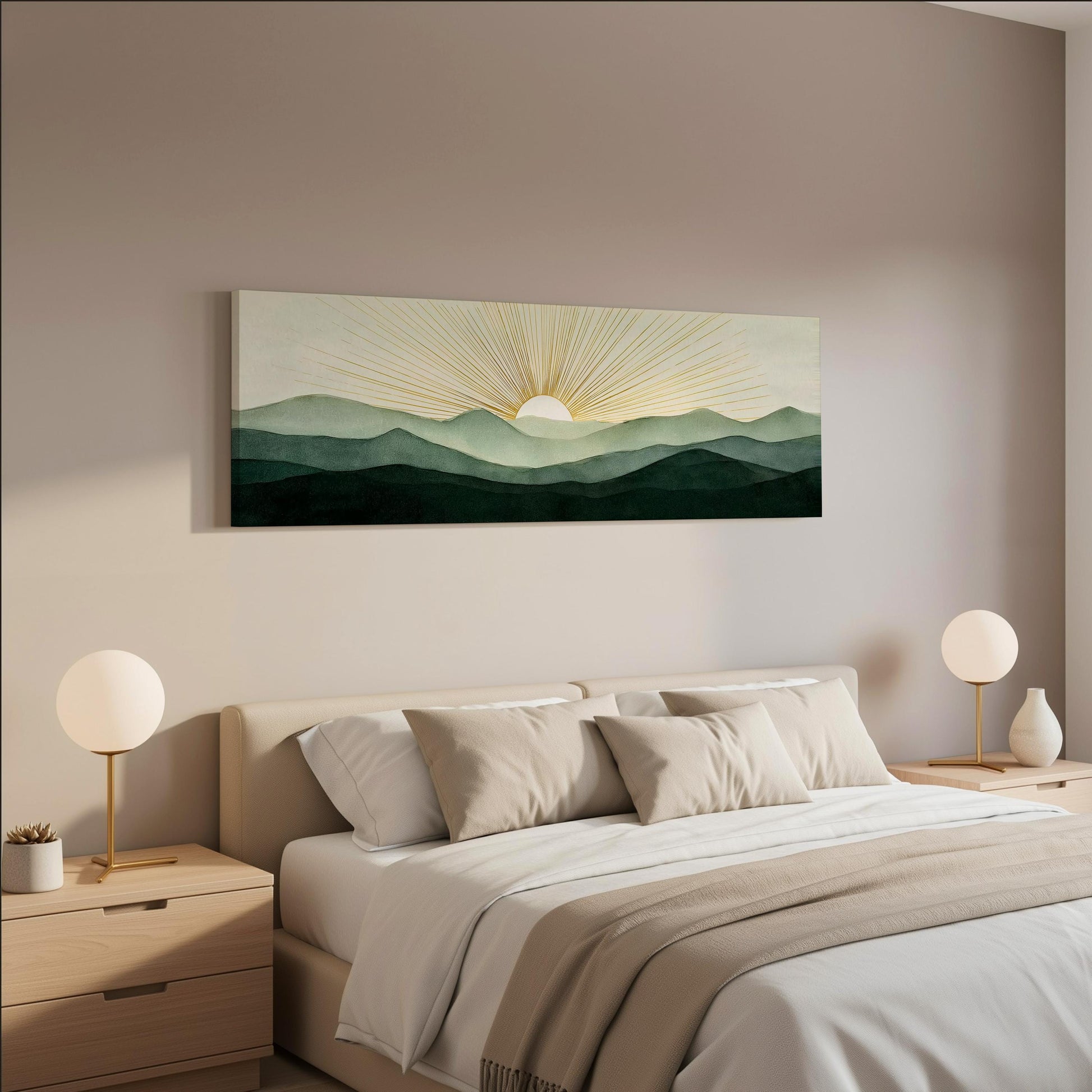 a serene bedroom scene with a large bed adorned with white linens and beige pillows, flanked by two white lamps on nightstands. Above the bed hangs a large painting of a sunrise over a mountain landscape, creating a tranquil and peaceful atmosphere.
