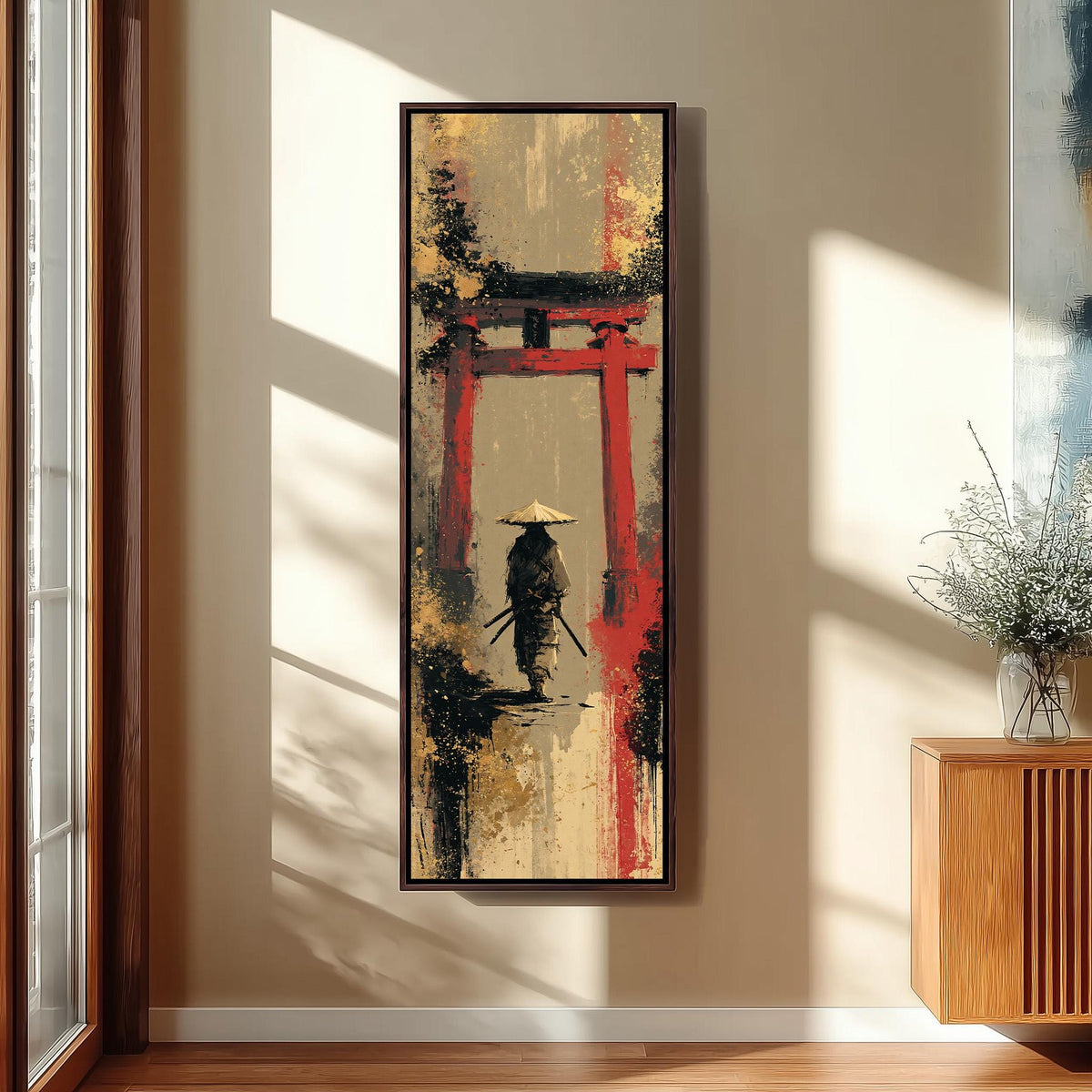 Samurai walking under a red torii gate tall narrow canvas print beside a staircase in an entryway