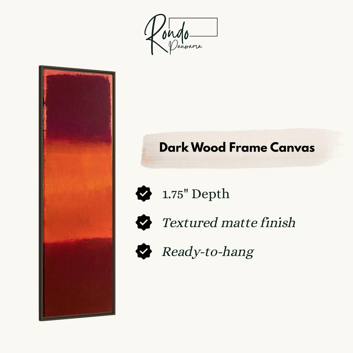 Color field bands in maroon, orange and red canvas print in a dark wood floating frame