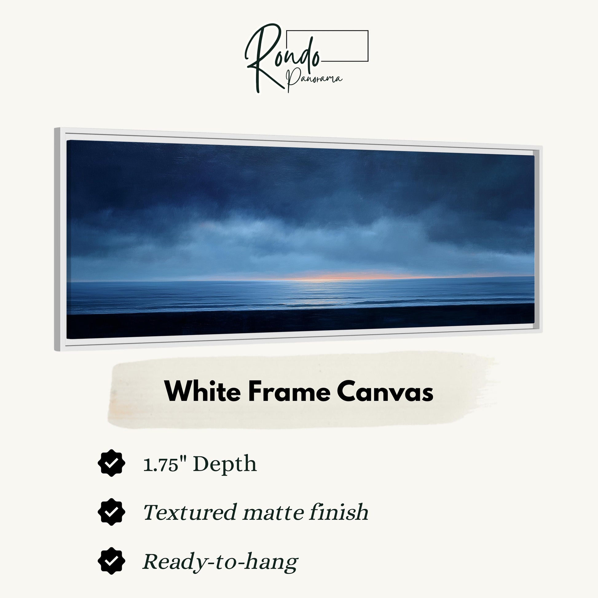 The image is a white frame canvas depicting a serene ocean scene with a cloudy sky.