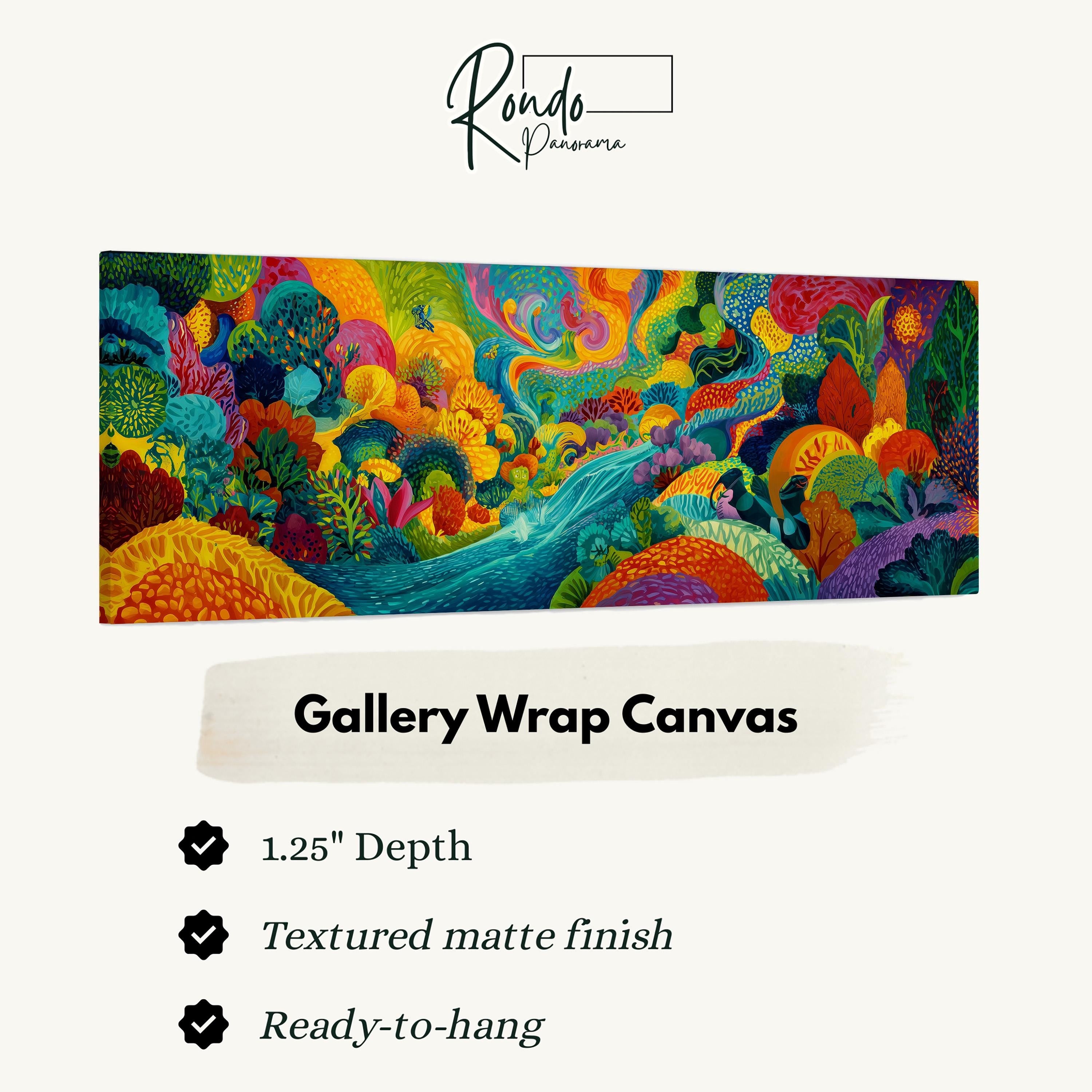 The image is a colorful, abstract painting that appears to be a gallery wrap canvas. It features a vibrant and dynamic composition of various shapes, colors, and textures. The painting is described as having a 1.25" depth, a textured matte finish, and is ready to hang.