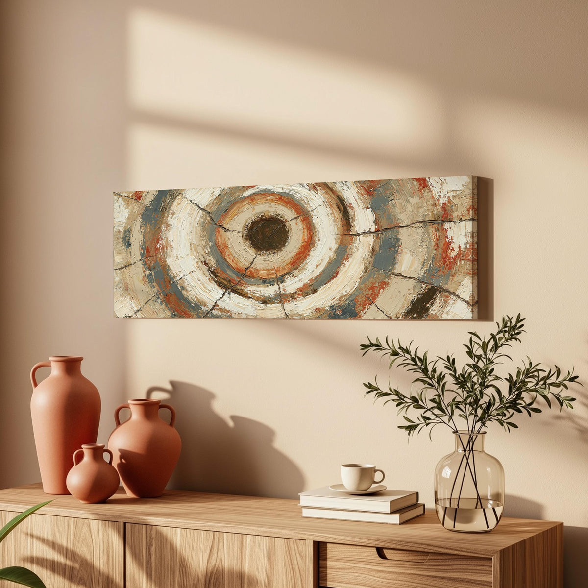 Rust and navy textured tree ring long horizontal canvas print above a wooden sideboard