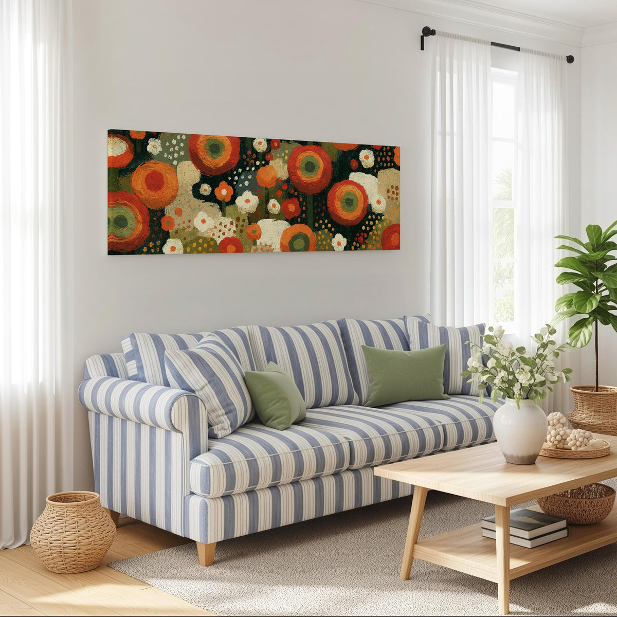 Concentric poppy rings long horizontal canvas print above a striped sofa in a coastal living room