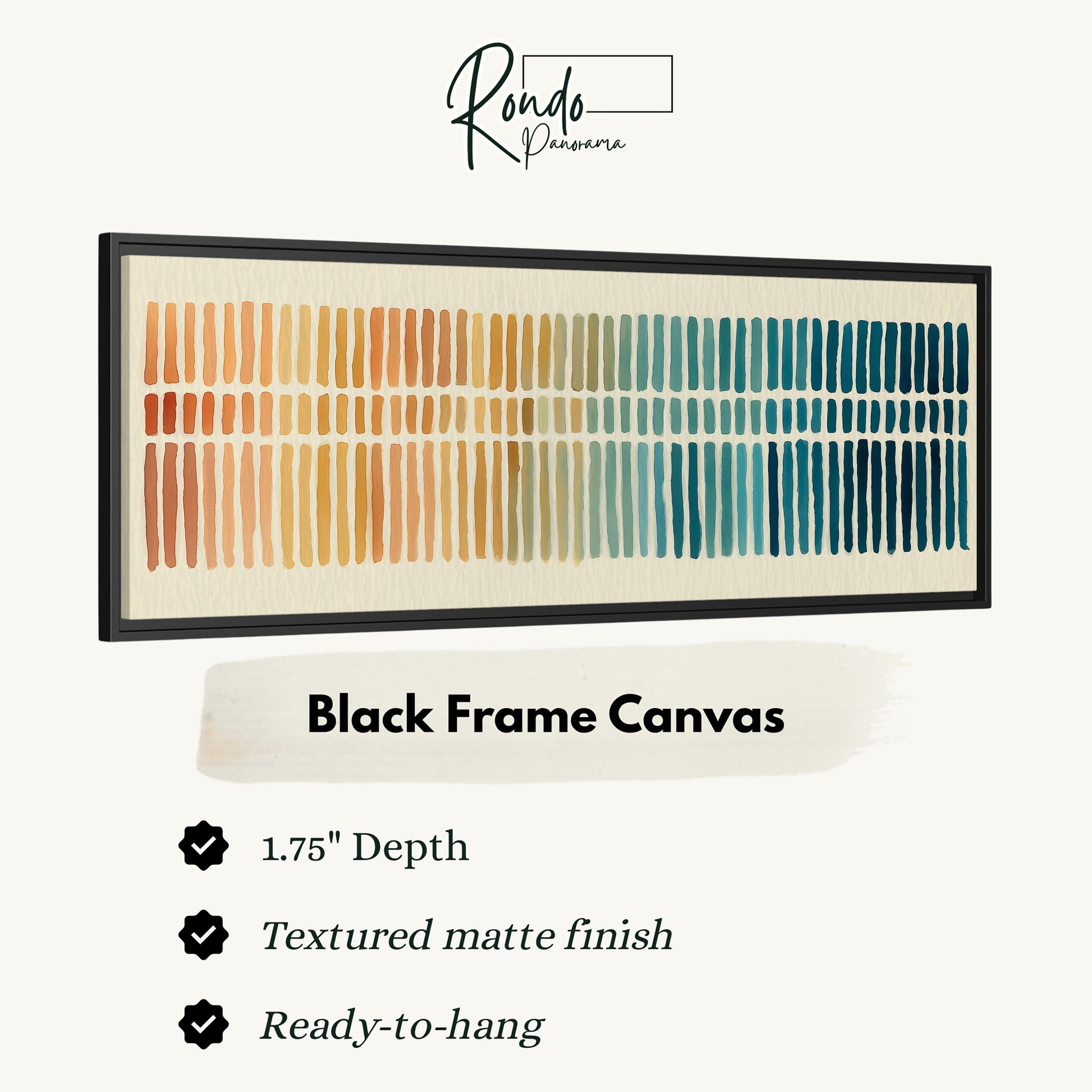 a black frame canvas with a gradient of colors, including orange, yellow, green, blue, and purple. The canvas has a 1.75" depth and is textured with a matte finish. It is ready to hang.