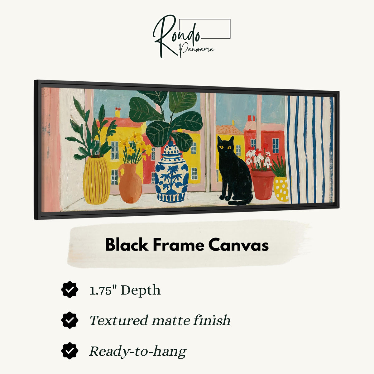 Black cat on a windowsill overlooking a colorful village canvas print in a black floating frame