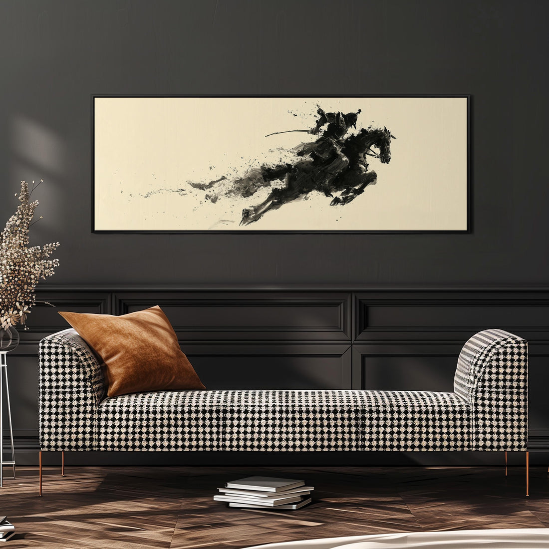 a large, framed artwork depicting a horse in mid-gallop, hanging on a wall above a brown sofa.