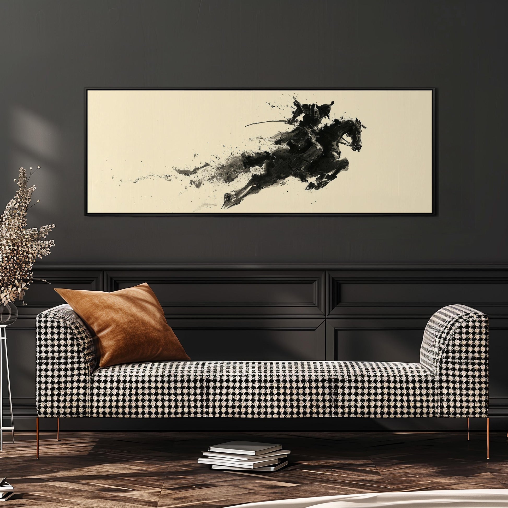a black and white checkered sofa with a brown throw pillow, set against a dark wall with a framed artwork of a horse and rider above it.