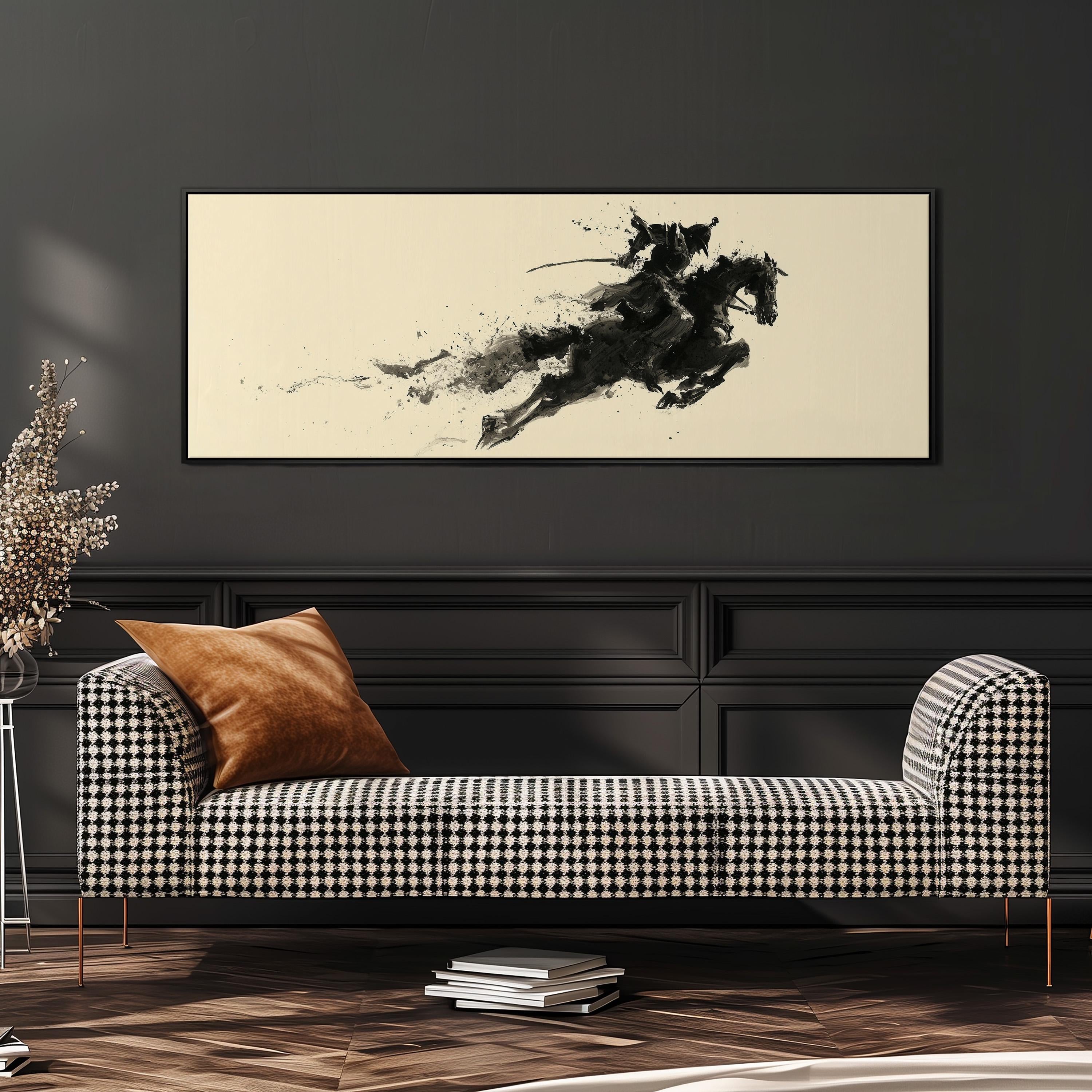 a black and white checkered sofa with a brown throw pillow, set against a dark wall with a framed artwork of a horse and rider above it.
