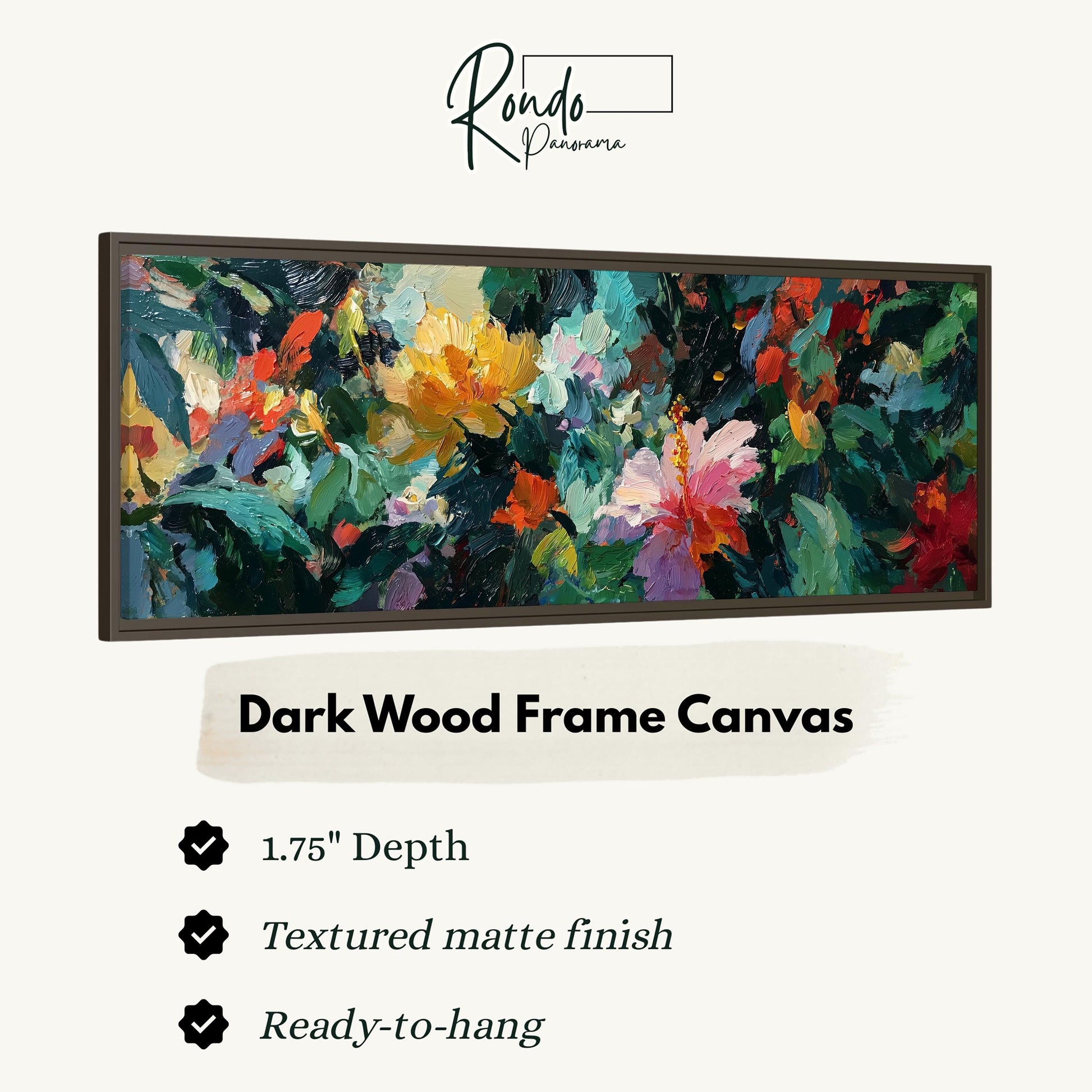 The image is a framed artwork depicting a vibrant, colorful painting of flowers and foliage.