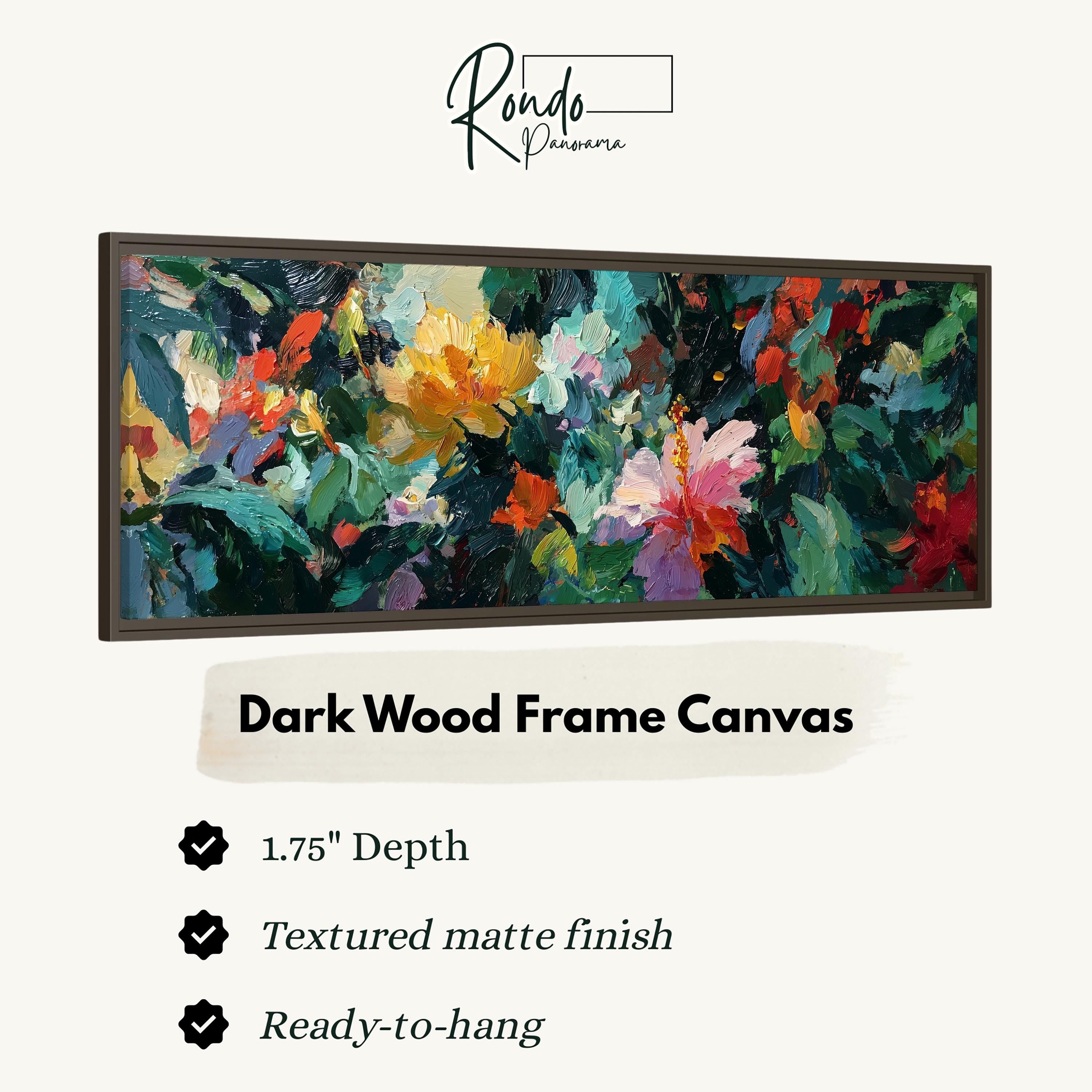 The image is a framed artwork depicting a vibrant, colorful painting of flowers and foliage.